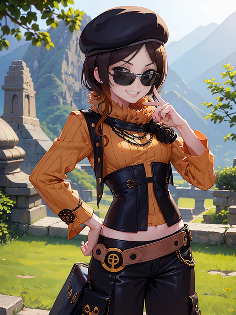 (masterpiece, best quality:1.2), cowboy shot, solo, 1girl, coco adel, grin, looking at viewer, hand on hip, beret, sunglasses, orange sweater, corset, black gloves, pants, jewelry, belt, bandolier,  standing outdoors, Machu Picchu, peru,