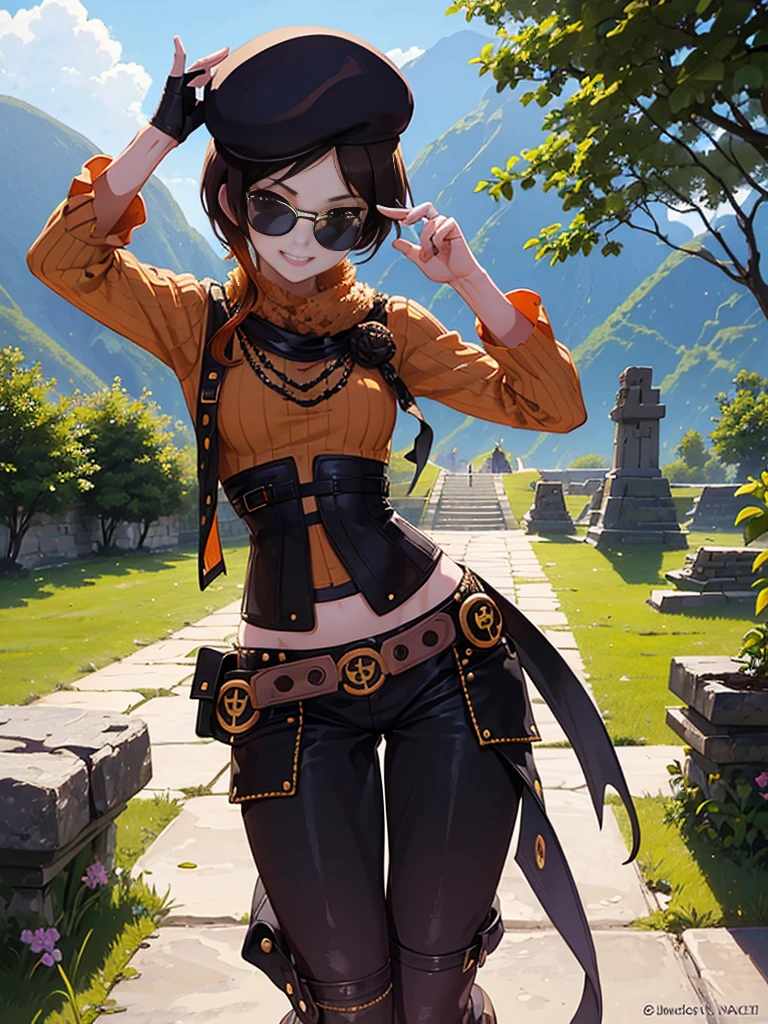 (masterpiece, best quality:1.2), cowboy shot, solo, 1girl, coco adel, grin, looking at viewer, hand on hip, beret, sunglasses, orange sweater, corset, black gloves, pants, jewelry, belt, bandolier, standing outdoors, Machu Picchu, peru,