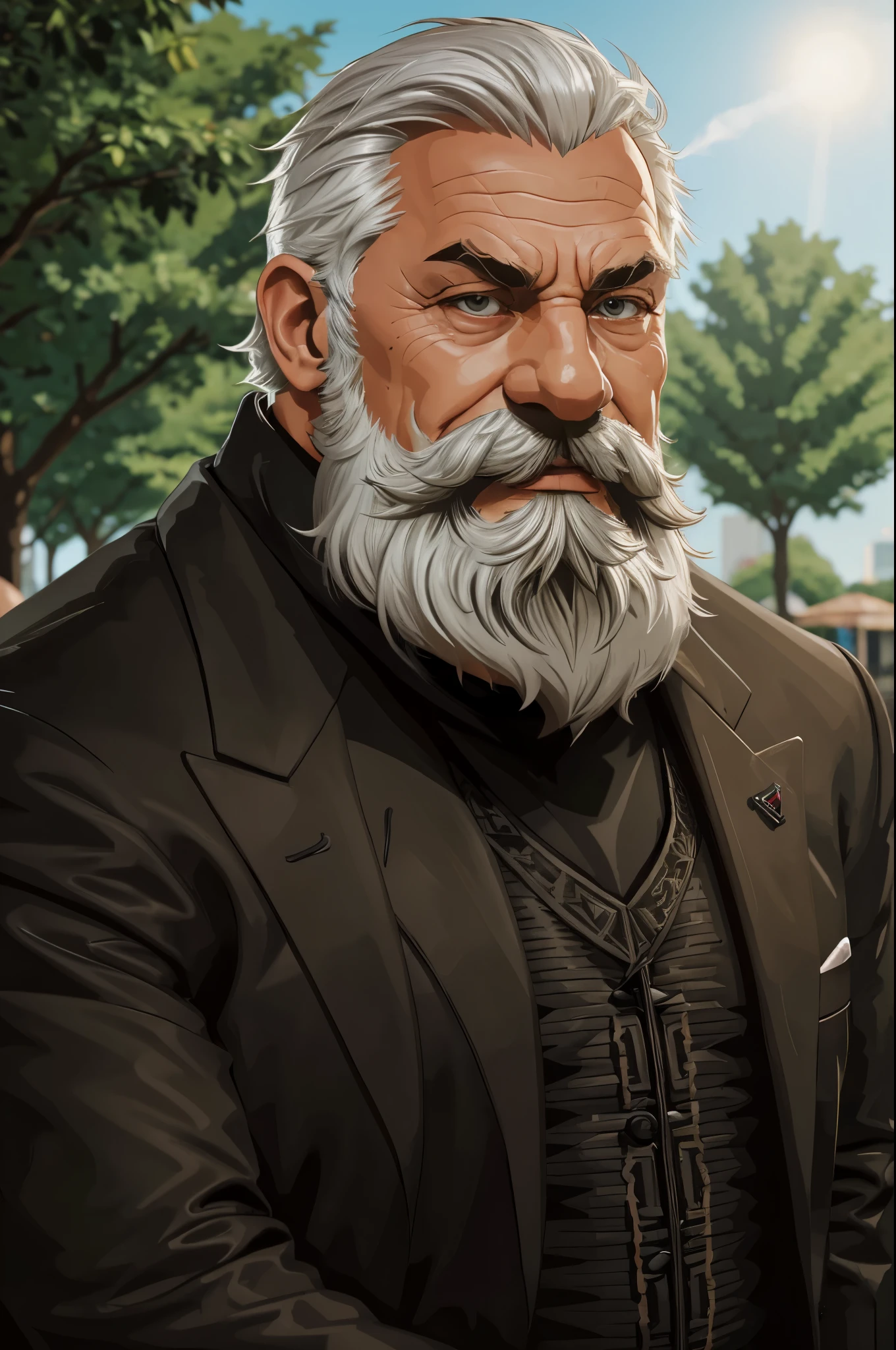 (vector:2.0, mwvector), portrait, muscular old man in park, beard, happy, summer, suits, detailed vector, high detail, half body, realistic, white hair