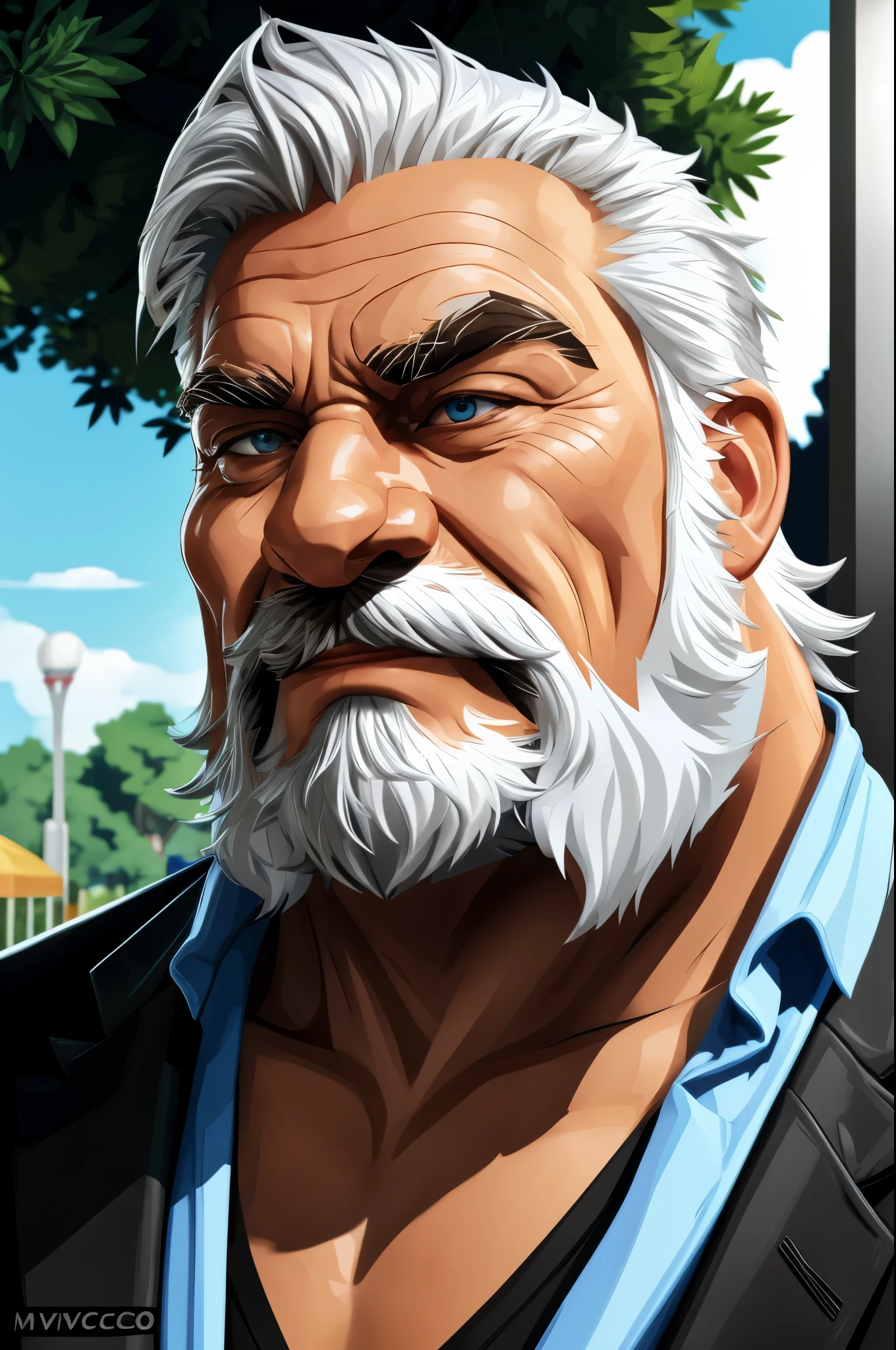 (vector:2.0, mwvector), portrait, muscular old man in park, beard, happy, summer, suits, detailed vector, high detail, half body, realistic, white hair