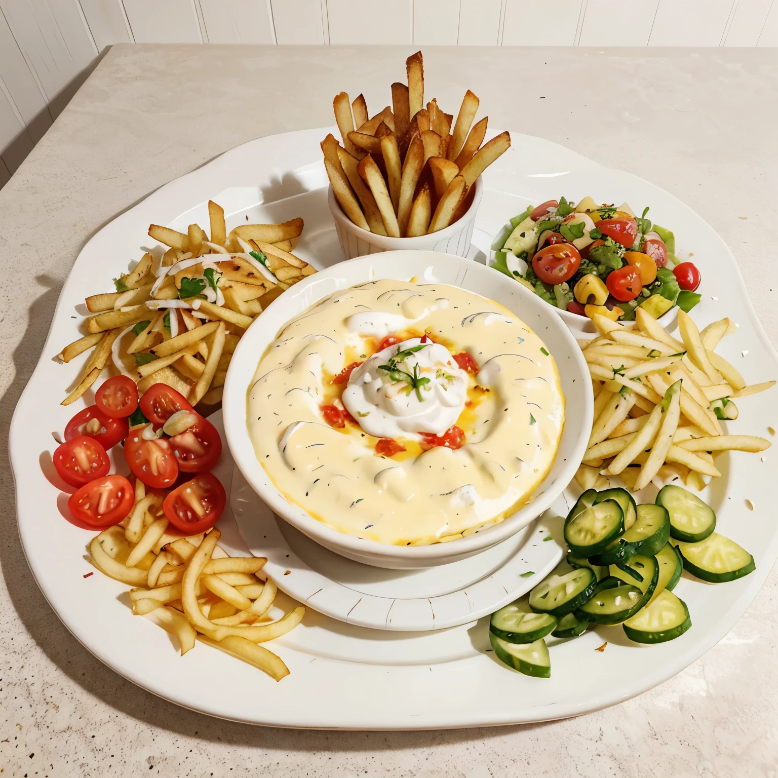 Illustrate a beautifully fried french fries in a platter and in that platter the fries has toppings which is a grounded beef with delicately slice cucumber, tomatoes and white onions on top and together with there’s also a sauce on top which is drizzled it is a cheese and white sauce