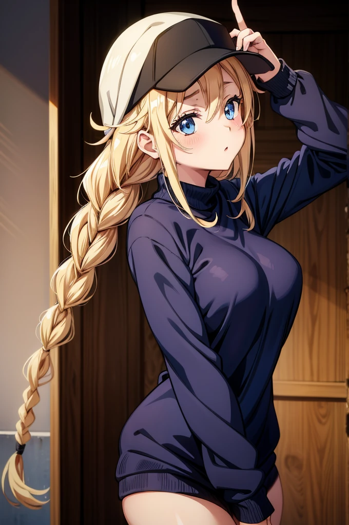 a very sexy anime girl , 1girl, solo, braid, breasts, blue eyes, twin braids, blonde hair, large breasts, hat, long hair, sweater, black headwear, long sleeves, baseball cap, blush