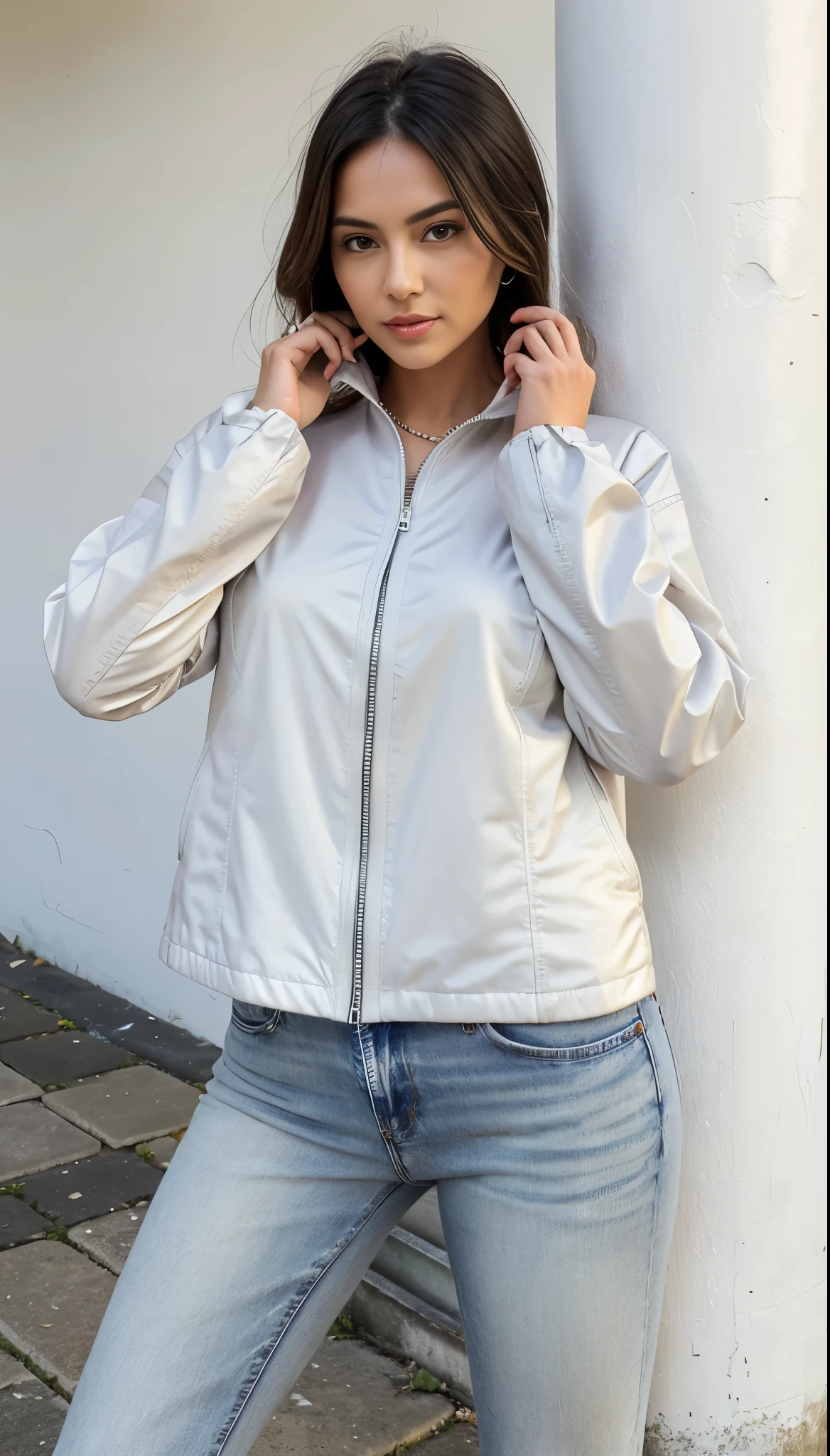 a woman in a white shirt and jeans posing for a picture, grey jaqueta, jaqueta, white jaqueta, short jaqueta, wearing jaqueta, 9 0's, 90's, niele toroni, branco e cinza, 2010s, 2 0 1 0 s, cinza claro, jaqueta over bare torso, cor prata