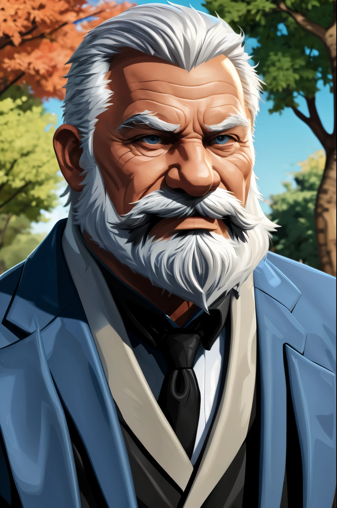 (vector:2.0, mwvector), portrait, muscular old man in park, beard, happy, summer, suits, detailed vector, high detail, half body, realistic, white hair