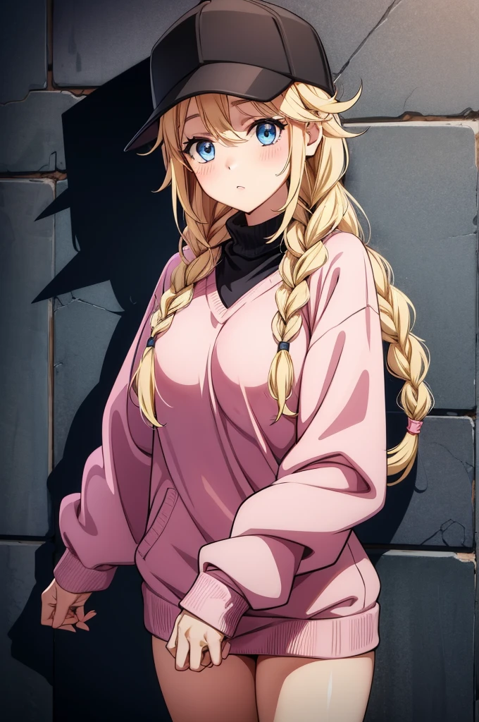 shizukazom100, 1girl, , dark purple hair, bangs, hair ornament, hairclip, pink eyes, white pupils, medium breasts, collarbone, jacket, cleavage, curious look, cowboy shot, ,Eiko Tsukimi, blue eyes, braid, twin braid,(((blonde hair))),baseball cap