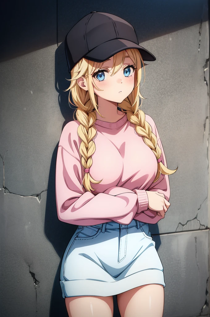a cartoon girl leaning against a wall wearing a pink sweater and hat, 1girl, solo, braid, breasts, blue eyes, twin braids, blonde hair, large breasts, hat, long hair, sweater, black headwear, long sleeves, baseball cap, blush
