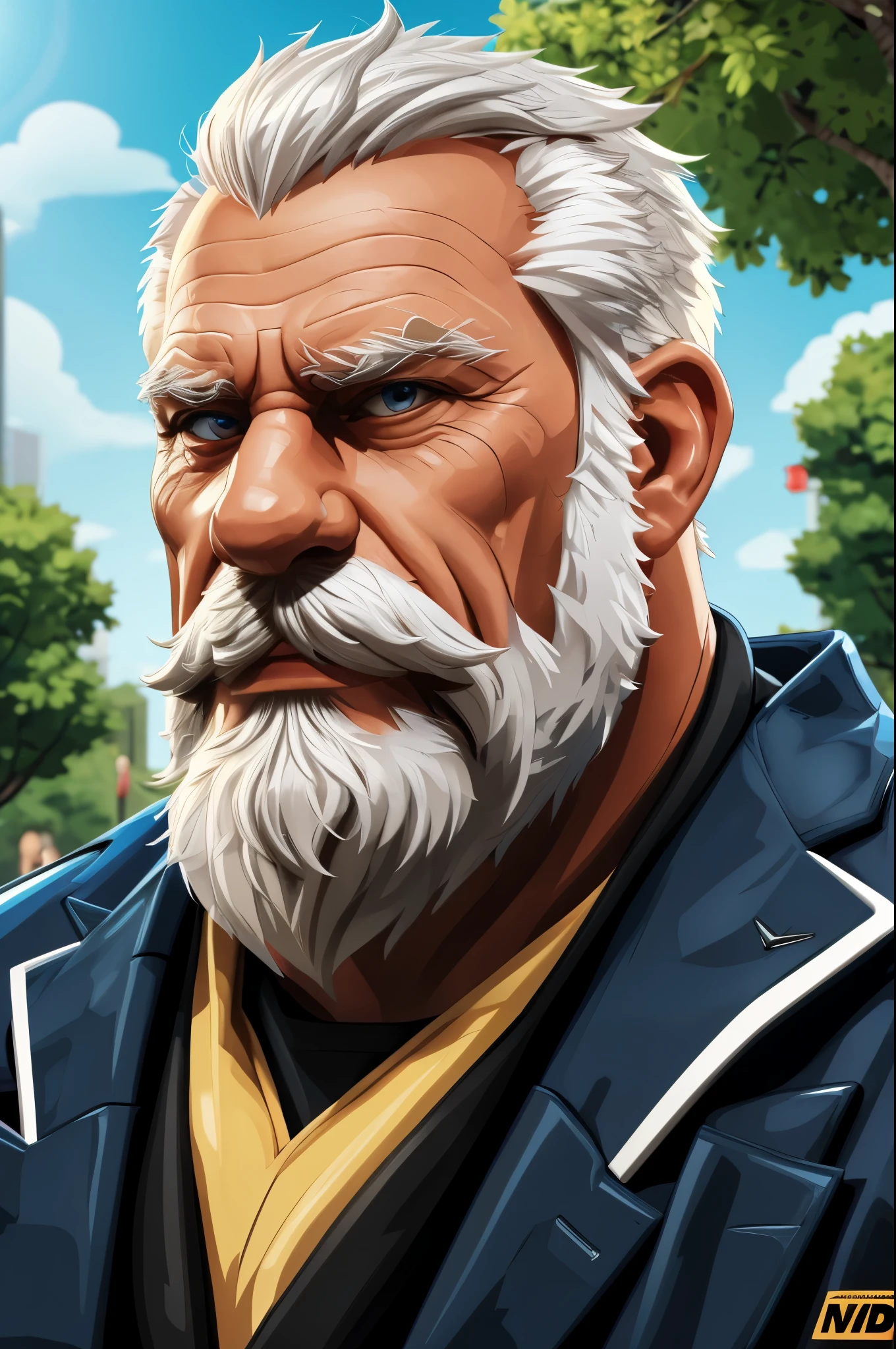 (vector:2.0, mwvector, vector art), masterpiece, high quality, 8k, FHD, HDR, portrait, muscular old man in park, beard, happy, summer, suits, , detailed vector, high detail, half body, realistic, white hair