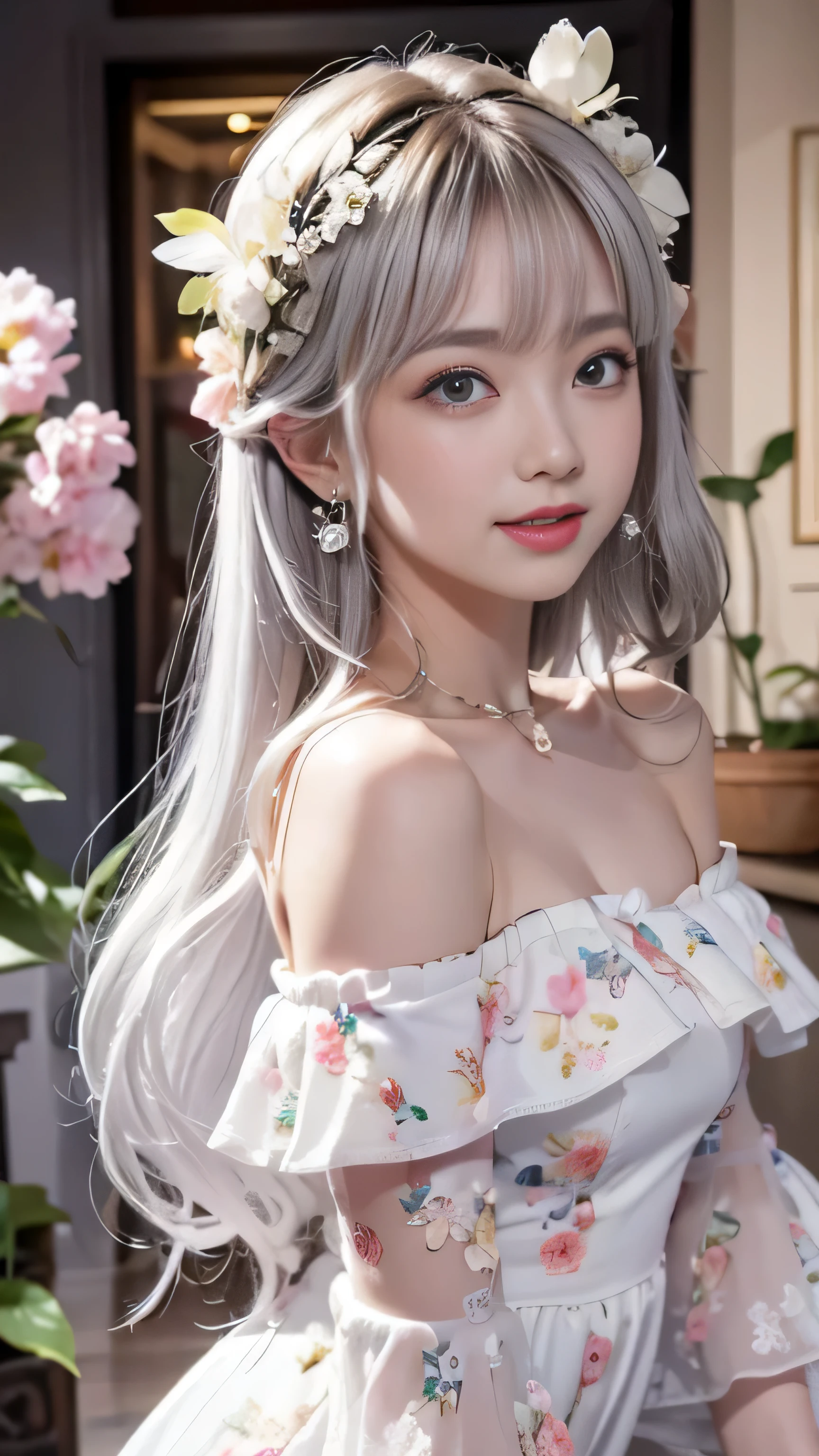 (A girl walking in a flower garden)、bright look、young shiny glossy white shiny skin、best looks、ultimate beautiful girl、The most beautiful platinum blonde hair in the world、shiny bright hair,、Super long smooth straight hair、Shining beautiful Bangs、Sparkling crystal clear charming blue eyes、Very beautiful and lovely cute girl、rich bust((girl standing in the office))、 silver hair, bangs, Dull bangs, long straight hair, aqua eye, long eyelashes, solid circle eye, compensate, open your mouth, blush, parted lips, bright pupils, smiley, enchanting smile, shine、high heels、((pure white dress、floral dress、、off shoulder、Upskirt: 1.6))、rape blossom field、flower garden、(petals are dancing)(white lace panties are visible),(Behind me, the old European castles are hazy.)