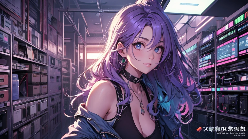 highest quality, Best image quality, girl, 20 years old, medium bust, Big breasts, sparkling tea eyes, rainbow hair, long hair, Wavy, High ponytail, Black short tube top, distressed denim jacket, distressed denim shorts, Thigh socks, Smile, Hand tattoo, Diamond earrings, wristband, necklace, sit on the chair, There is an electric guitar, Guitar Playing, Leaning forward, Open one shoulder, elated, beautiful art, background((Hacker Room, Server room, neon lights, braces, notebook)), flight, Debris flying, writing border depth, Movie, visual art, Perfect art, real, Verism, anime style, glowing light, cinematic lighting, masterpiece, high quality, 8K, masterpiece, anatomically correct, textured skin, super detail, best quality, 8k, super textured skin, super detail face, perfect face, Super fine facial details, beautiful and delicate eyes, perfect eyes, correct limbs, correct figner, super detail figner, best hair quality, best clothing quality, best prop quality,
