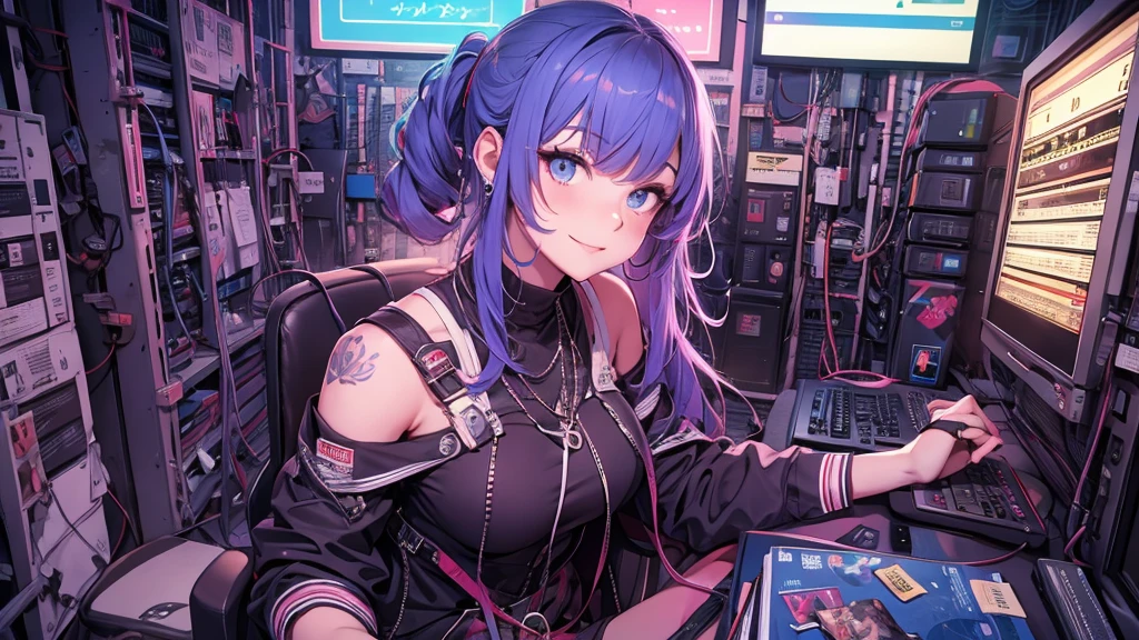 highest quality, Best image quality, girl, 20 years old, medium bust, Big breasts, sparkling tea eyes, rainbow hair, long hair, Wavy, High ponytail, Black short tube top, distressed denim jacket, distressed denim shorts, Thigh socks, Smile, Hand tattoo, Diamond earrings, wristband, necklace, sit on the chair, There is an electric guitar, Guitar Playing, Leaning forward, Open one shoulder, elated, beautiful art, background((Hacker Room, Server room, neon lights, braces, notebook)), flight, Debris flying, writing border depth, Movie, visual art, Perfect art, real, Verism, anime style, glowing light, cinematic lighting, masterpiece, high quality, 8K, masterpiece, anatomically correct, textured skin, super detail, best quality, 8k, super textured skin, super detail face, perfect face, Super fine facial details, beautiful and delicate eyes, perfect eyes, correct limbs, correct figner, super detail figner, best hair quality, best clothing quality, best prop quality,