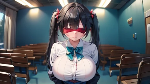 masterpiece,highest quality,wonderful,finely,High resolution,1 girl, big breasts,(blindfold:1.3), black hair, glasses, green eyes, twin tails, full body