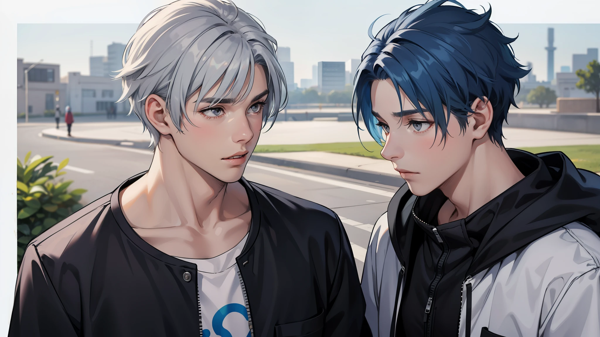In the background is a silver city Two 15-year-old teenage friends with blue hair, With Latin skin and light gray hair on the outskirts of a large silver city they are talking about an important topic they are friends almost like brothers..............