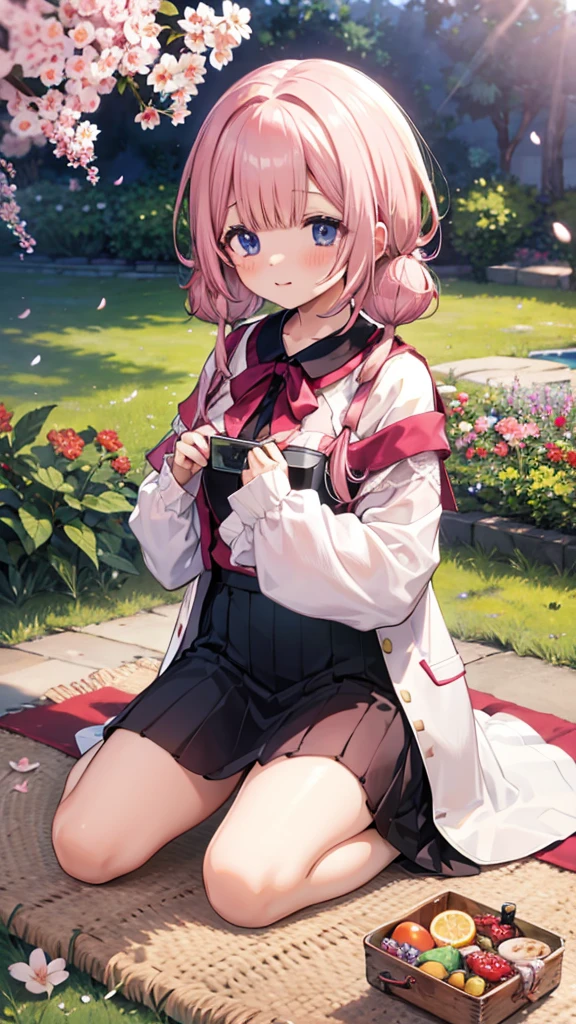 、、Shyness、blush、embarrassing、blush、peak、High resolution、Full HD、8K quality、、、Cherry-blossom viewing、cherry blossoms、picnic、picnicシート、Bento、multi-person group、garden、gardenの道、Grass、、、eye highlights、lively eyes、clear eyes、beautiful eyes、seiza、seiza座り
