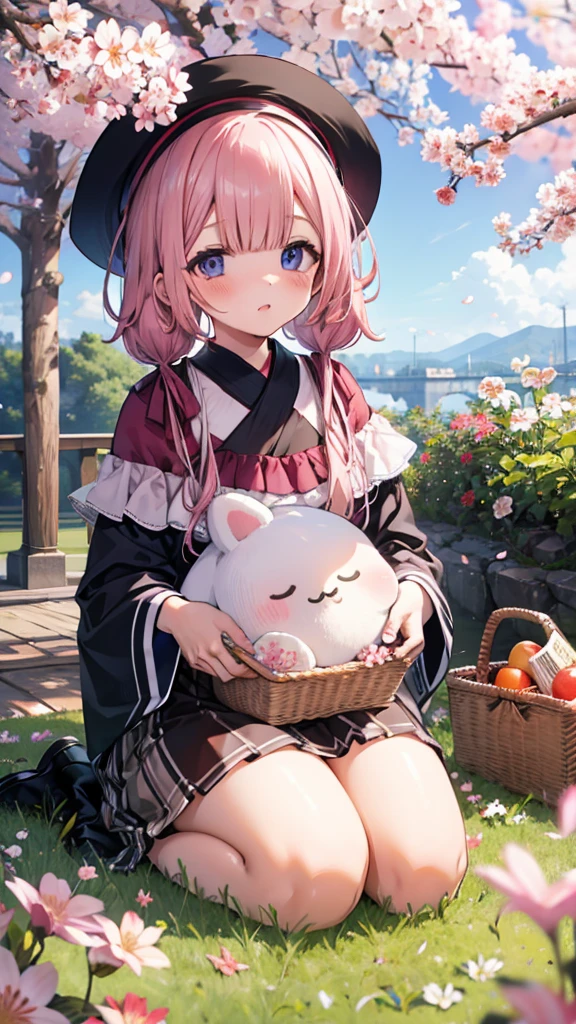 、、Shyness、blush、embarrassing、blush、peak、High resolution、Full HD、8K quality、、、Cherry-blossom viewing、cherry blossoms、picnic、picnicシート、Bento、multi-person group、garden、gardenの道、Grass、、、eye highlights、lively eyes、clear eyes、beautiful eyes、seiza、seiza座り