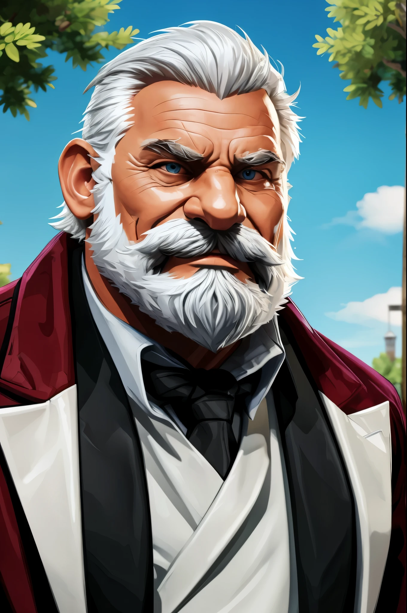 (vector:2.0, mwvector), masterpiece, high quality, 8k, FHD, HDR, portrait, muscular old man in park, beard, happy, summer, suits, , detailed vector, high detail, half body, realistic, white hair