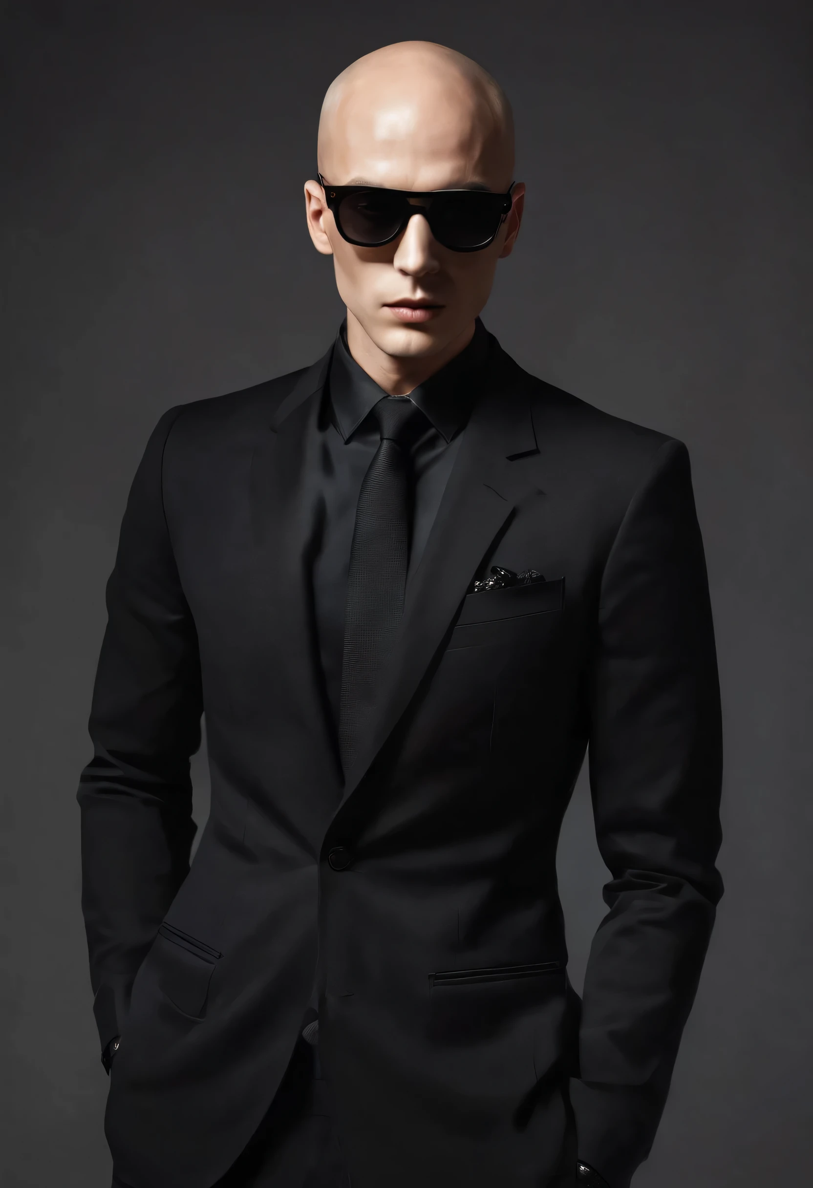 hombre,calvo, alto, delgado, sexy, con elegante traje negro con gafas de sol negras