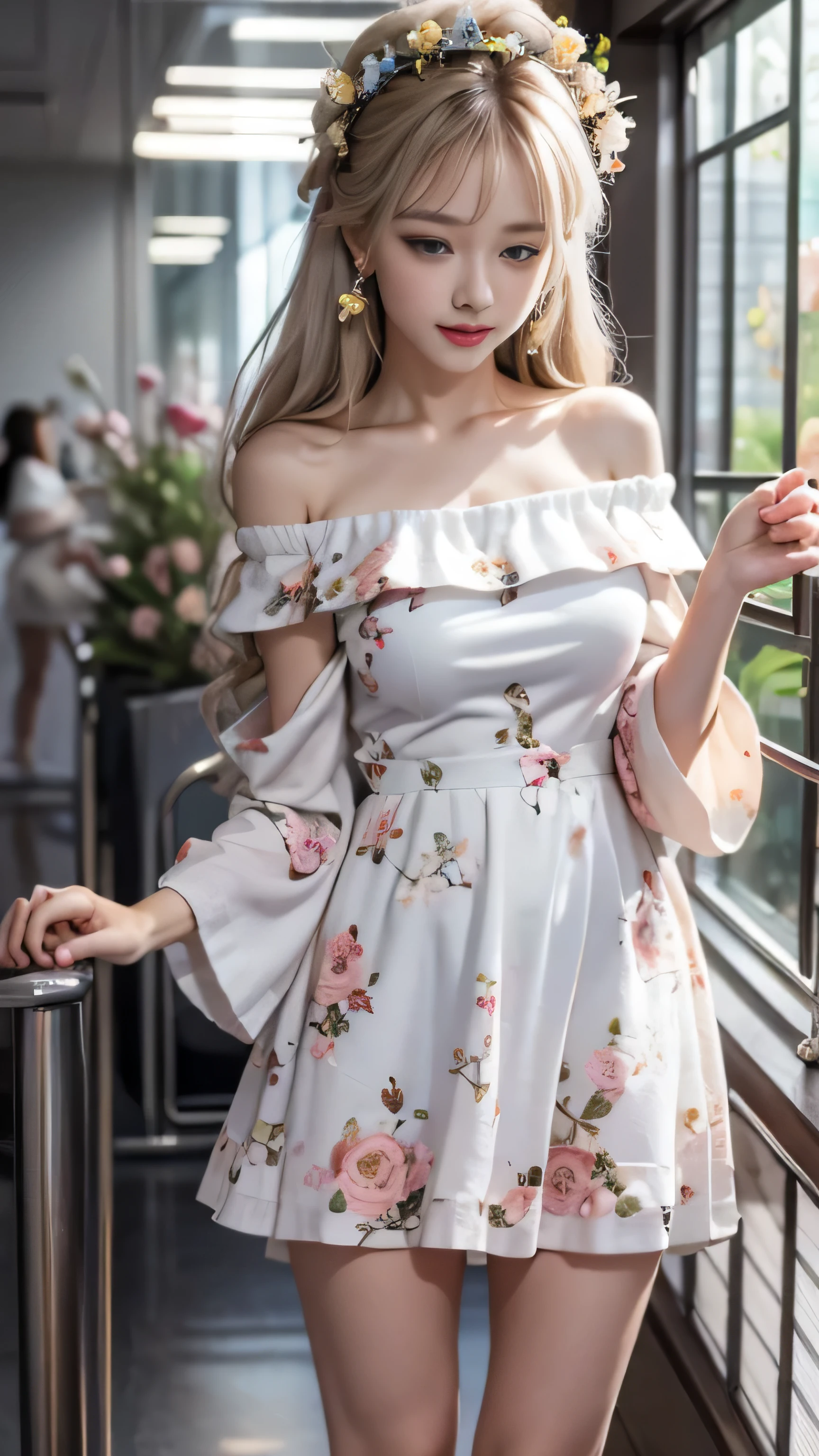 (Girl walking in lakeside park),Portrait、bright look、young shiny glossy white shiny skin、best looks、ultimate beautiful girl、The most beautiful platinum blonde hair in the world、shiny bright hair,、Super long smooth straight hair、Shining beautiful Bangs、Sparkling crystal clear charming blue eyes、Very beautiful and lovely cute 16 year old girl、rich bust((girl standing in the office)）、 silver hair, bangs, Dull bangs, long straight hair, aqua eye, long eyelashes, solid circle eye, compensate, open your mouth, blush, parted lips, bright pupils, smiley, enchanting smile, shine, surrealism, modern、black pantyhose、high heels、（(pure white dress、floral dress、、off shoulder、Upskirt: 1.6)）、rape blossom field、flower garden、（petals are dancing)、（white lace panties are visible)