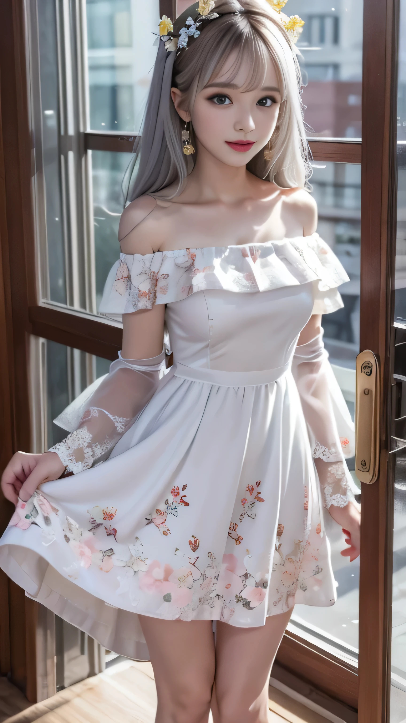 (A girl walking in a flower garden),Portrait、bright look、young shiny glossy white shiny skin、best looks、ultimate beautiful girl、The most beautiful platinum blonde hair in the world、shiny bright hair,、Super long smooth straight hair、Shining beautiful Bangs、Sparkling crystal clear charming blue eyes、Very beautiful and lovely cute 16 year old girl、rich bust((girl standing in the office))、 silver hair, bangs, Dull bangs, long straight hair, aqua eye, long eyelashes, solid circle eye, compensate, open your mouth, blush, parted lips, bright pupils, smiley, enchanting smile, shine, surrealism, modern、black pantyhose、high heels、((pure white dress、floral dress、、off shoulder、Upskirt: 1.6))、rape blossom field、flower garden、(petals are dancing)(white lace panties are visible)