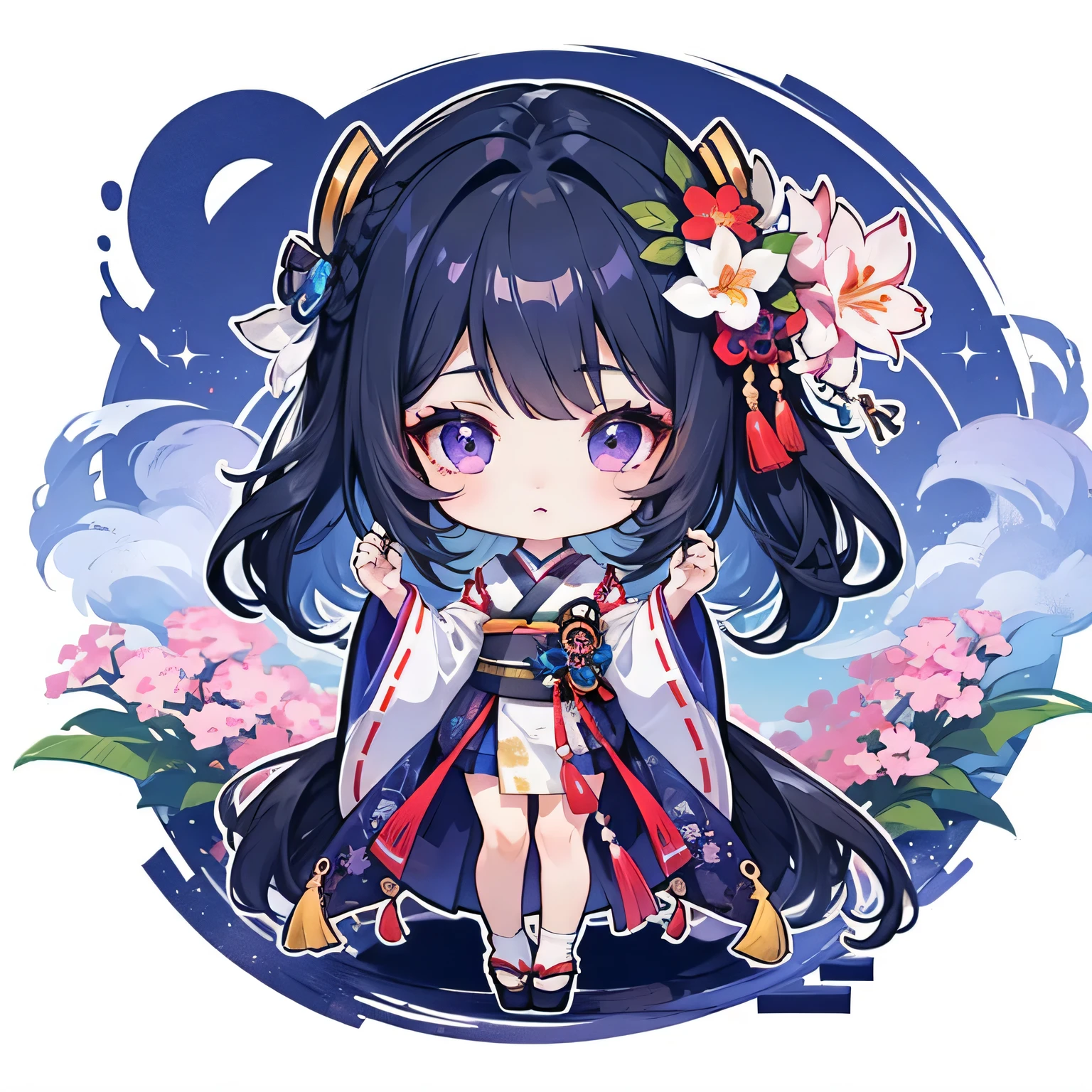 chibi, ((body complete)), ((high detailing)), ((high quality)), ((detailing hands)), 1 girl, long hair, upper hair is black to bottom hair is dark blue, ombre hairstyle, purple eyes, japanese outfit, Chibi style, transparent background, center position.
