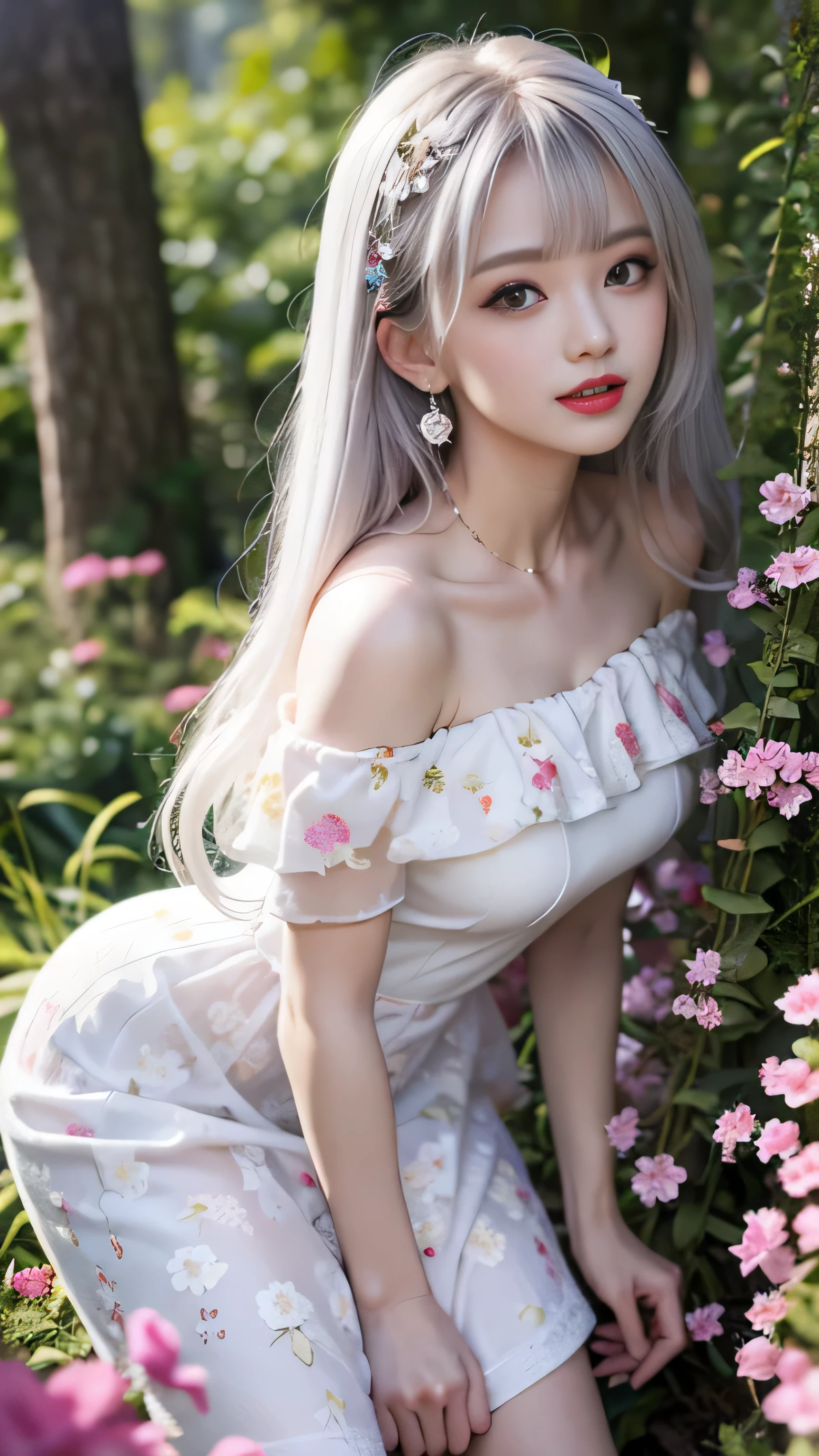 (Girl walking in forest park),Portrait、bright look、young shiny glossy white shiny skin、best looks、ultimate beautiful girl、The most beautiful platinum blonde hair in the world、shiny bright hair,、Super long smooth straight hair、Shining beautiful Bangs、Sparkling crystal clear charming blue eyes、Very beautiful and lovely cute 16 year old girl、rich bust((girl standing in the office)）、 silver hair, bangs, Dull bangs, long straight hair, aqua eye, long eyelashes, solid circle eye, compensate, open your mouth, blush, parted lips, bright pupils, smiley, enchanting smile, shine, surrealism, modern、black pantyhose、high heels、（(pure white dress、floral dress、、off shoulder、Upskirt: 1.6)）、rape blossom field、flower garden、、white lace underwear