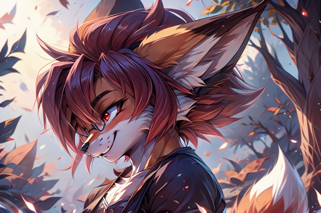 1solo, fox furry girl with short dark red hair, fluffy hair shy, beautiful red eyes, wearing square glasses, very fluffy tail, ears fluffy, smug grin 17 years old , very young body, flat chest, innocent ,very small young skinny, feminine girl, thin, wearing a Gothic dress, tilted head, looking away being adorable, good mood, playing football in a park, innocent, excited, hopeful, pure of heart, nervous expression,, side view