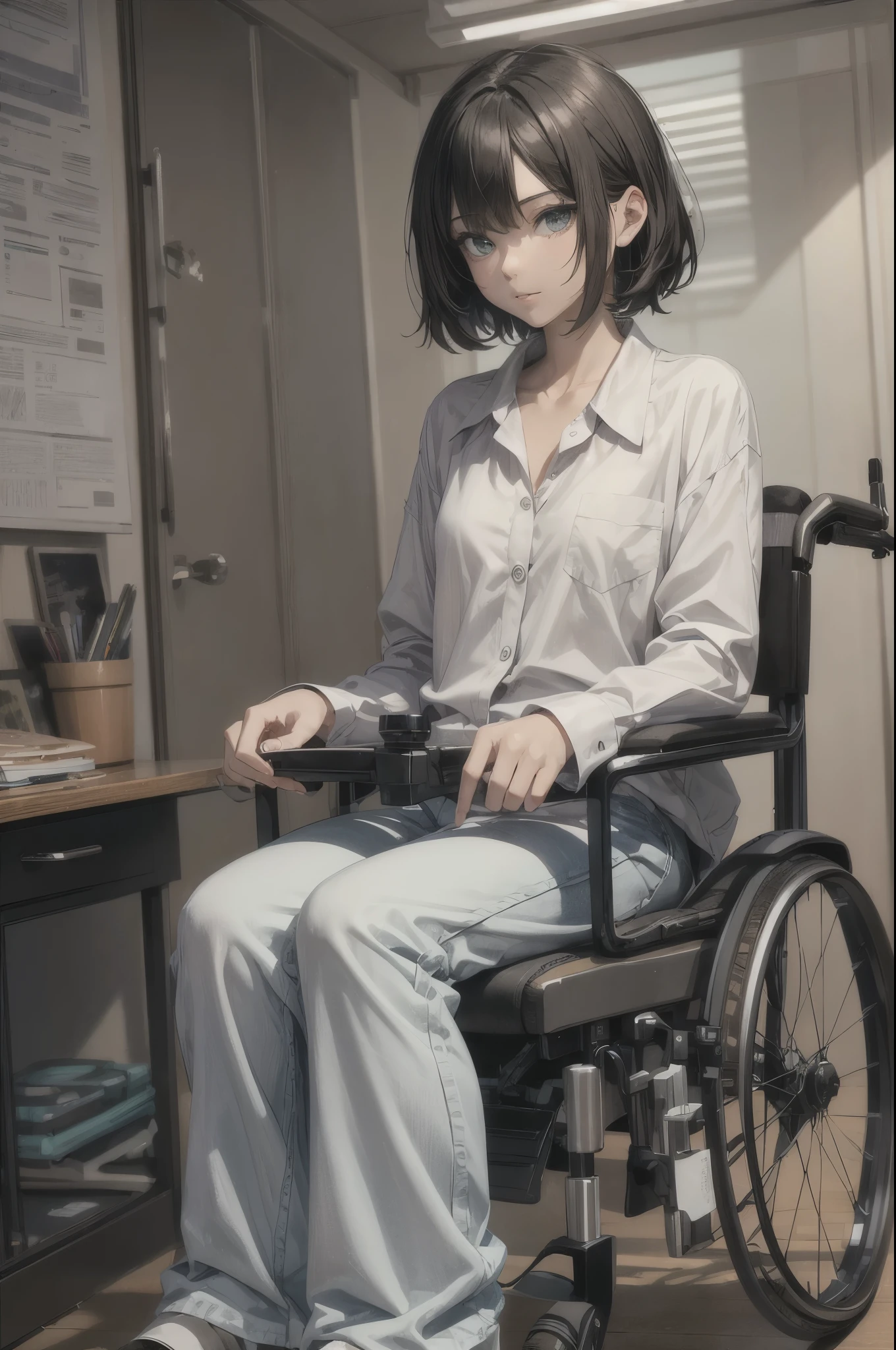 (ultra-detailed, realistic), hospital scene, [medium:oil painting], [professional:1.1], [physically-based rendering], [vivid colors], [sharp focus], [studio lighting], [extreme detail description], [best quality,4k,8k,highres,masterpiece:1.2],(upper body focus),inside the house,inside the room,one 18 years old boy,femboy,trap,(short black hair),(gloomy), [streesed eyes],(high ,blouse,slacks),boots,((riding the electric wheelchair)),((operating the electric wheelchair))
