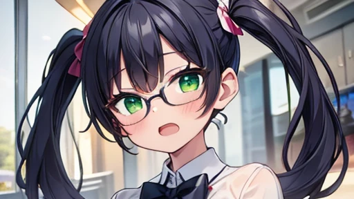 masterpiece,highest quality,wonderful,finely,High resolution,1 girl, big breasts,(open mouth:1.3), black hair, glasses, green eyes,twin tails, full body