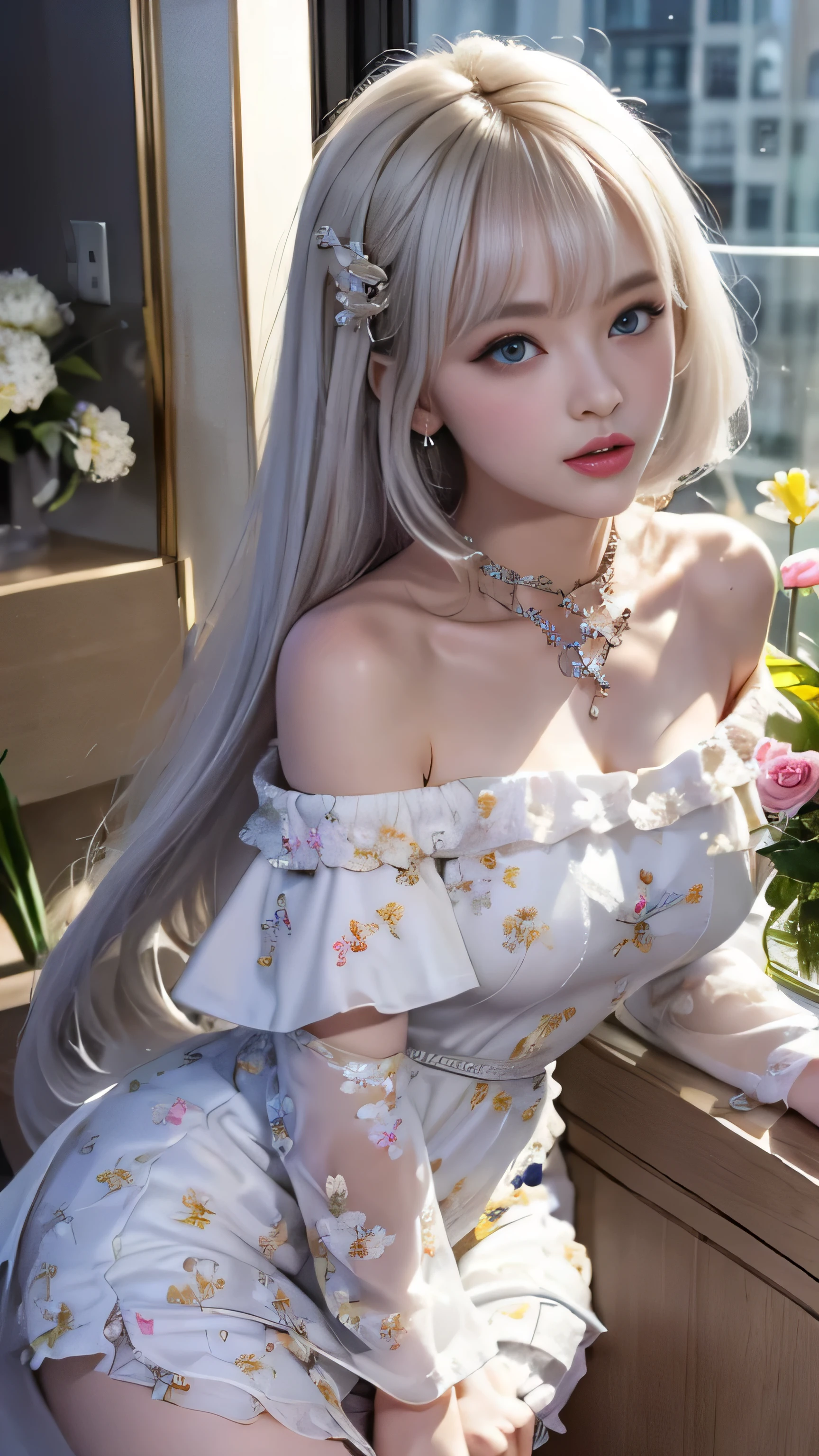 (Girl walking in forest park),Portrait、bright look、young shiny glossy white shiny skin、best looks、ultimate beautiful girl、The most beautiful platinum blonde hair in the world、shiny bright hair,、Super long smooth straight hair、Shining beautiful Bangs、Sparkling crystal clear charming blue eyes、Very beautiful and lovely cute girl、rich bust((girl standing in the office))、 silver hair, bangs, Dull bangs, long straight hair, aqua eye, long eyelashes, solid circle eye, compensate, open your mouth, blush, parted lips, bright pupils, smiley, enchanting smile, shine, surrealism, modern、black pantyhose、high heels、((pure white dress、floral dress、、off shoulder、Upskirt: 1.6))、rape blossom field、flower garden、