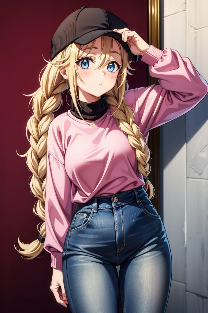 a girl in pink sweatshirt and a beanie hat with a hat on, 1girl, solo, long hair, braid, hat, blue eyes, sweater, blonde hair, denim, pants, baseball cap, breasts, looking at viewer, twin braids, blush, pink sweater, jeans, black headwear, turtleneck, long sleeves, turtleneck sweater