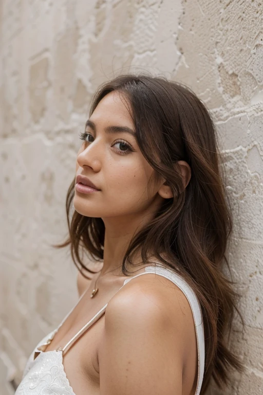 Modelo de instagram latina, en un centro de belleza, acostada en una camilla y con el cabello recogido con una toalla, lista para un tratamiento facial. De fondo se ve un letrero del centro de estetica en la pared