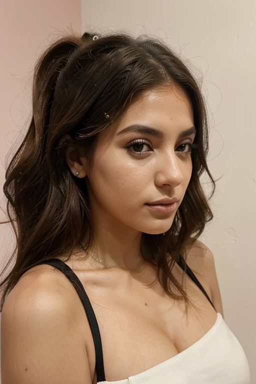 Change her face and her hair with fatemeh, 25 years and 7 months and 21 days old/ mixture of Phoenician, Greek, Armenian, and Arab/almond eyes, brown eyes, blonde hair,thick hair, ponytail/ bow-shaped lips, uptruned Nose, square jawline, narrow forehead, Protruding chin, high-arch eyebrows, black eyebrows , thick eyebrows/168 centimeters height, 61 kilograms weight,tanned body/ small mole on left eyebrow، small mole on the corner of the lower left lip, straight wavy hair،A small amount of acne on the cheek، Cheek dimple, chin dimple/ , smiling