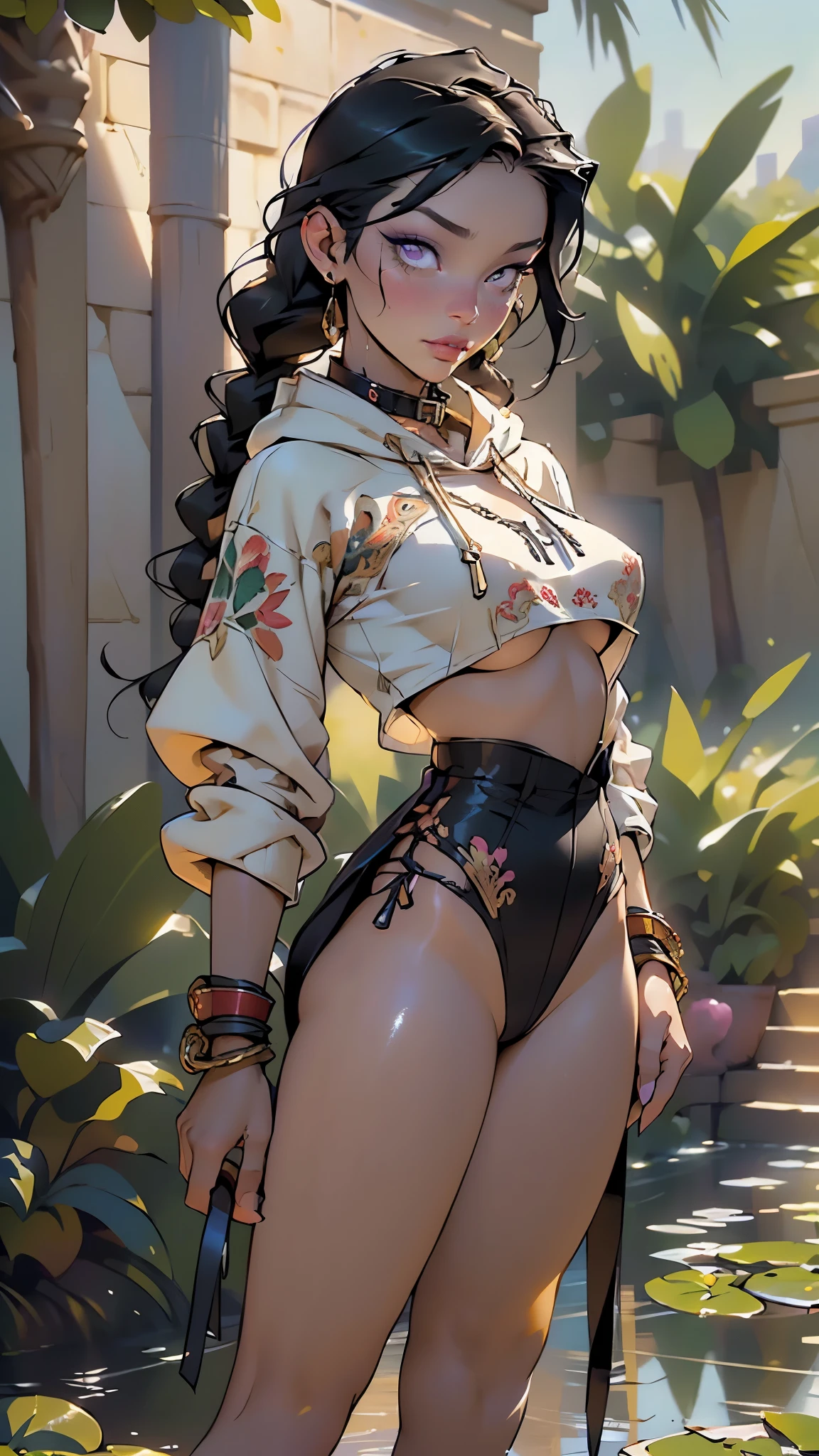 girl from ancient Egypt,1girl,
(large breasts:1.4),((((long twin braids,tight braids,long braid,braided hair,long hime cut,dark hair,black hair,colored inner hair)))),(((purple_eyes:1.3))),intricate eyes,beautiful detailed eyes,symmetrical eyes,((((lustrous skin:1.5,tanned skin,bright skin: 1.5,skin tanned,shiny skin,very shiny skin,shiny body,Reflective skin)))),(spider lower abdomen,narrow waist,wide hip,athletic body,inflated legs,thick thighs,delicate detailed fingers,(detailed face)),beautiful detailed lips,
cute,slutty,sensual,seductive look,seductive,((erotic)),opulent,sumptuous,((nsfw)),
(((eyeshadow,egyptian makeup,eyelid makeup))),zettai ryouiki,revealing clothing,show skin,((((underboob)))),(((barefoot))),((metal leg rings)),egyptian outfit,((armor thong)),((underpants strap)),((((egyptian hoodie,white hoodie,naked hoodie,old style hoodie, transparent hoodie)))),((((slave collar,Long chain leash connected to her collar,shackles)))),(((Transparent cloth:1.1,wet clothes,intricate outfit,embroidered outfit,ornate outfit,embroidered clothes,ornate clothes))),
(flirtatious pose:1.3), looking at viewer,embarrassed,centered,scale to fit dimensions,Rule of thirds,
outdoors,(egyptian palace,egyptian palace background,pyramids in the background),scenery,(oasis,oasis background),extremely scenery,(puddles everywhere,moss,moss on the background),clouds,Egypt style,Egypt castle,lily pads,palms,reeds,(sunset, golden hour),
(Glossy Egyptian ornaments),highres,sharp focus,(ultra detailed,extremely detailed),(photorealistic artwork:1.37),(extremely detailed CG unity 8k wallpaper),(((vibrant colors,vibrant theme))),(intricate),(masterpiece),(best quality),artistic photography,(photography taken by sldr),(intricate background),perfect rendered face,perfect face details,realistic face,photo realistic,((intricate detail)),(((realism))),