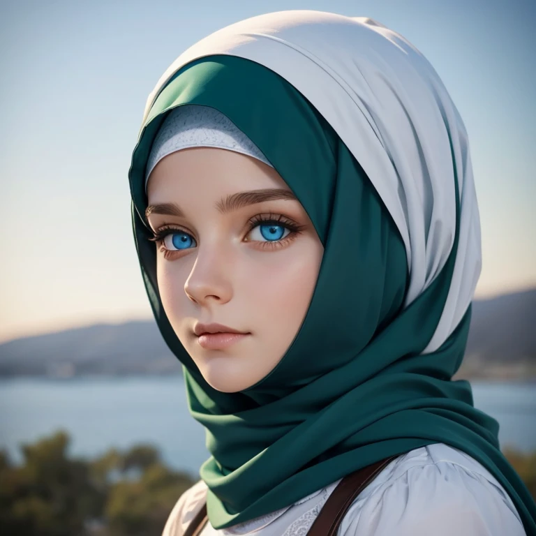A white German Muslim girl with blue eyes and a dark green hijab