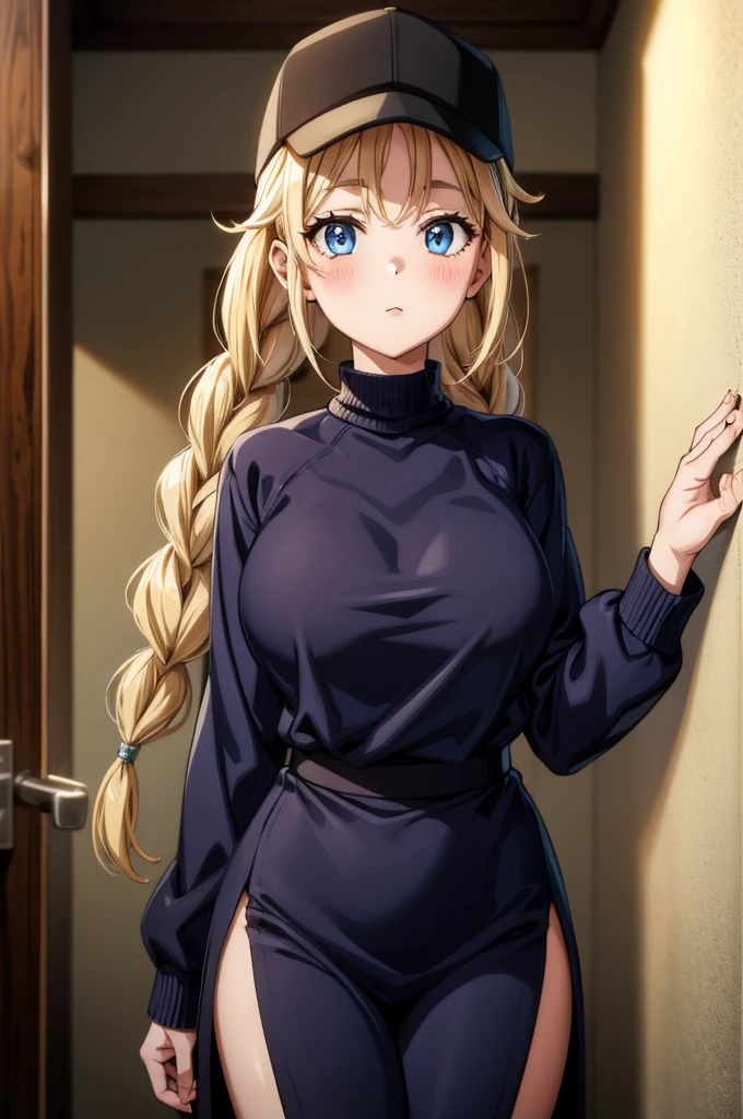 the beautiful young woman standing next to a door wearing a vr suit, 1girl, solo, braid, breasts, blue eyes, twin braids, blonde hair, large breasts, hat, long hair, sweater, black headwear, long sleeves, baseball cap, blush