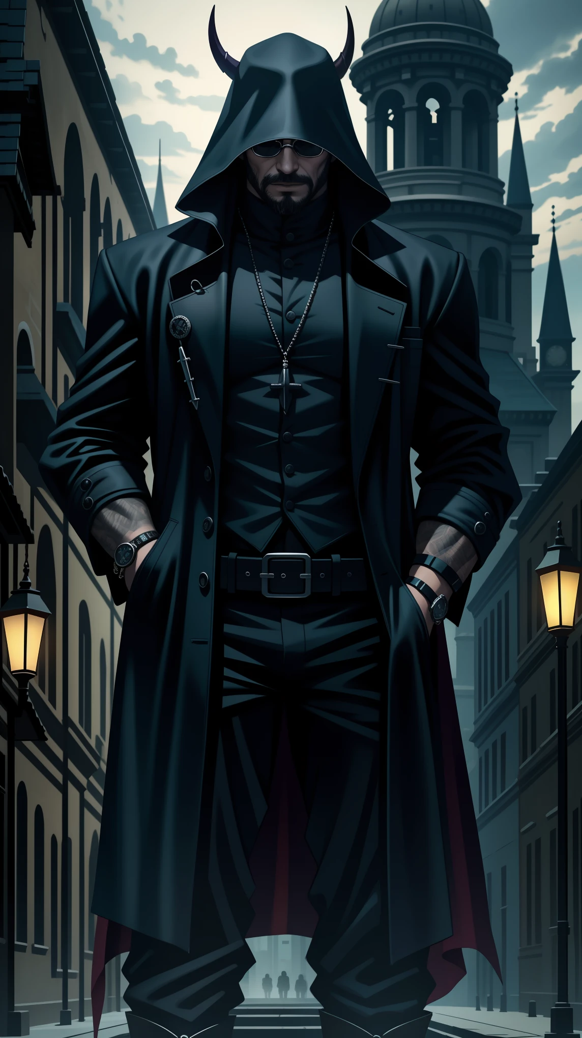 demon hunter, equipped with two pistols, with a large hat that partially covers his face, a masculine and battle-hardened man, wearing a long black trench coat, symbols of protection all over his body, purple glasses, hanging on his neck , religious rosary, ruthless and professional, work boots and an old watch in his pocket, in the background a city with a bell tower where the bells ring, dark atmosphere, 3d illustration, high quality, realistic and very detailed, A masterpiece, representation physically based, holding the gun with both hands, aiming at you