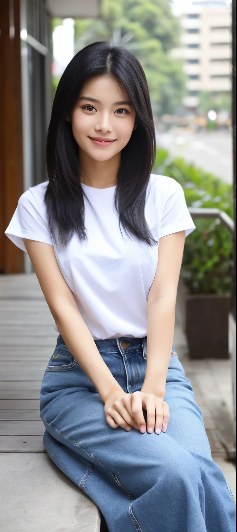 1 girl, indonesian girl, 23 years old, (black hair super-long 1 meters), (very beautiful face, very sweet, sharp eyes like an angel from heaven ), (beautiful hair), actress, smile, shiny skin, best quality, masterpiece, (photorealistic:1.4), terrace seating, asian, indonesian, jakarta, denim long skirt (realistic fabric), white short sleeves (cotton fabric), (no logo), thin fingers