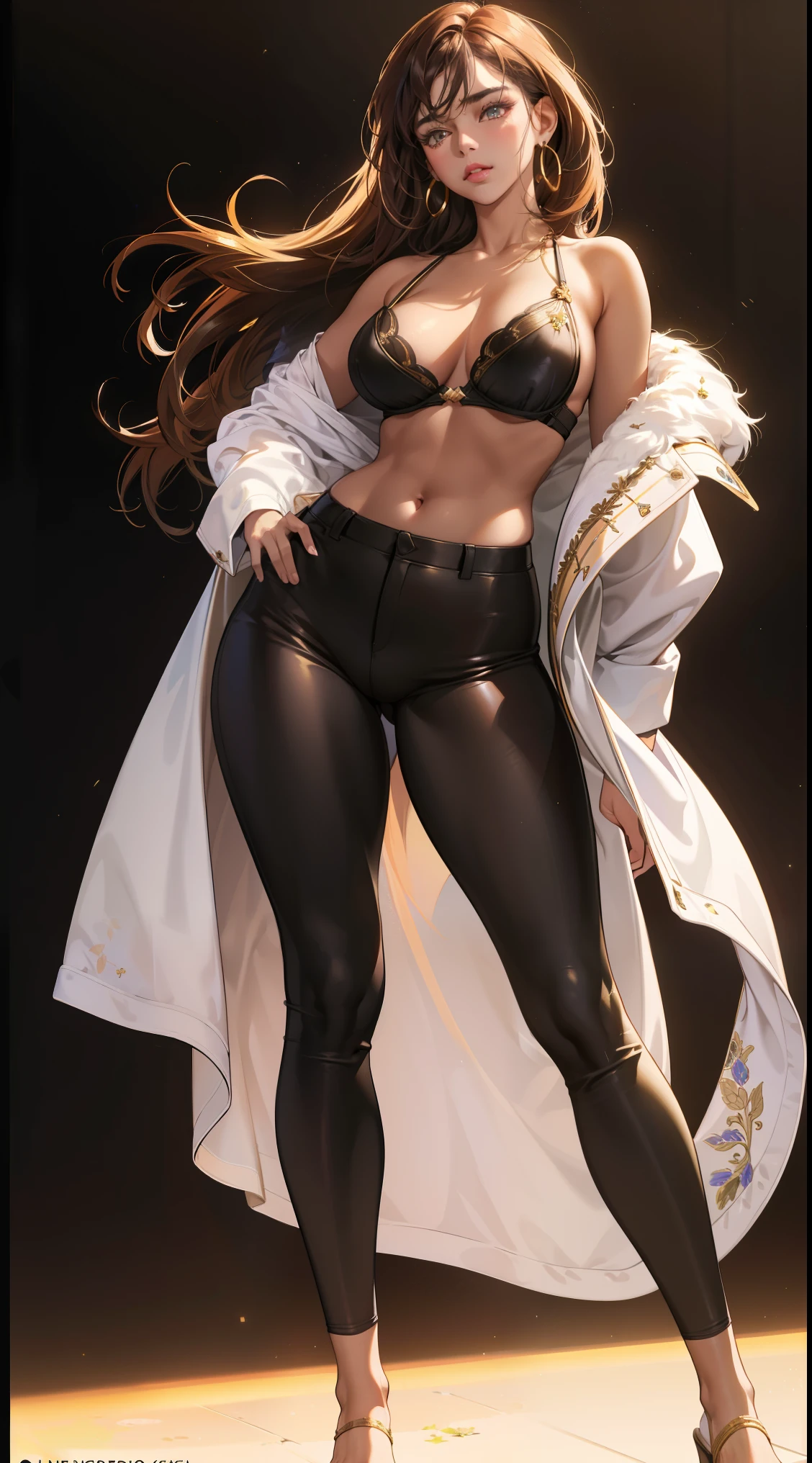 (best quality:1.5, highres, UHD, 4K, detailed lighting, shaders),  best quality eyes, perfect hands, perfect finger brown floral haired, gradient hair, big breasts, brown bra, big thighs,  big butt, brown jacket , brown long pants, mature woman , (pov), black background, colorful eyeshadow, dramatic lighting, sparkling eyes, sensual expression, golden earrings, flowing hair, delicate facial features, dark skin, high cheekbones, urban setting, full body, black background, dont look for the camera, lean forward,  behind  the camera