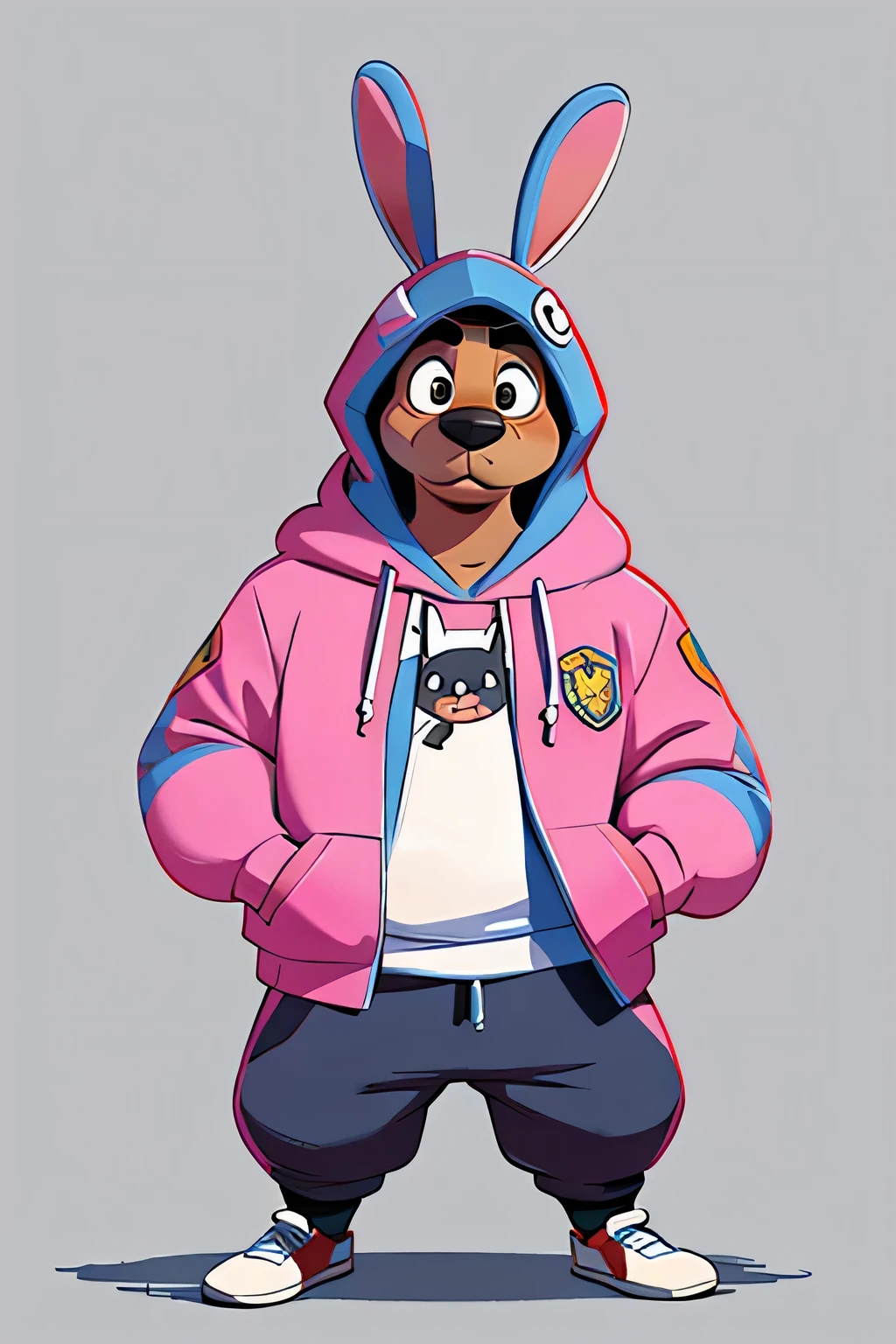 Bunny, pink, male, with hoodie, hip hop, gangster, brandal, character design, mascot, 