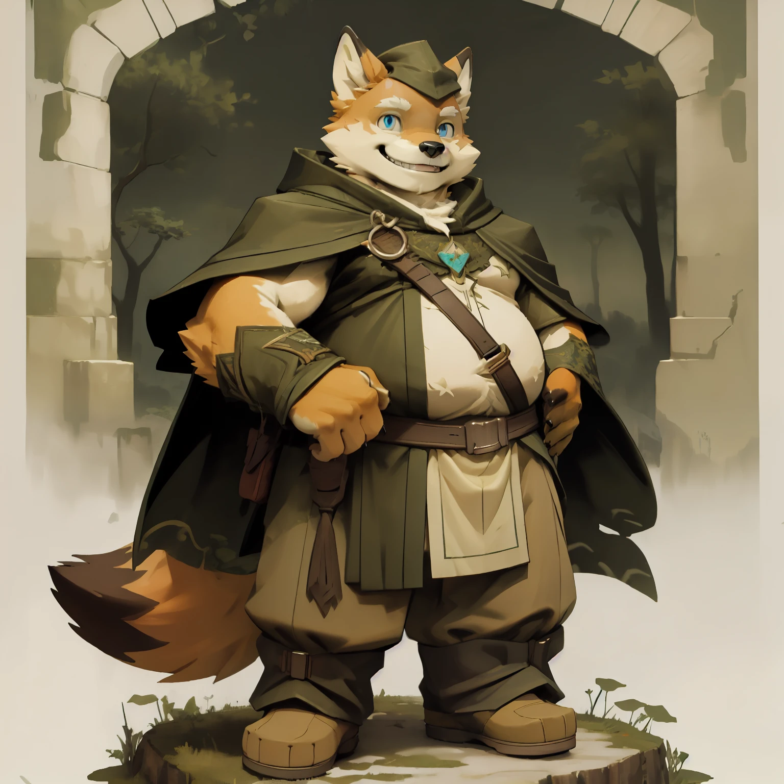 New Jersey 5 Hairy, fox，Full body portrait of an individual, male,exquisite， chubby，thick arms，Orange plush fur，Green Warrior Cloak，Brave Pants，front，stand，blue eyes，Ranger，Archer，Smile