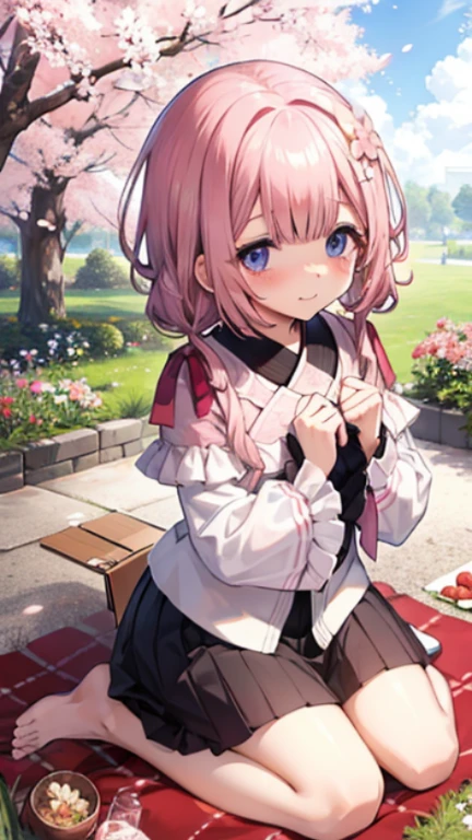 、、Shyness、blush、embarrassing、blush、peak、High resolution、Full HD、8K quality、、、Cherry-blossom viewing、cherry blossoms、picnic、picnicシート、Bento、multi-person group、garden、gardenの道、Grass、、、eye highlights、lively eyes、clear eyes、beautiful eyes、seiza、seiza座り