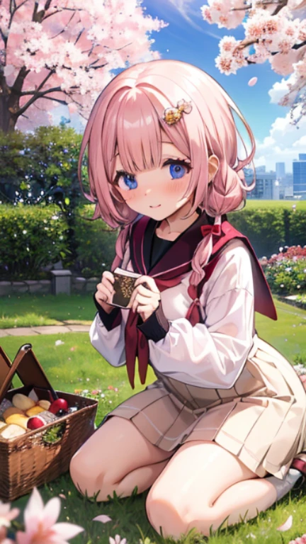 、、Shyness、blush、embarrassing、blush、peak、High resolution、Full HD、8K quality、、、Cherry-blossom viewing、cherry blossoms、picnic、picnicシート、Bento、multi-person group、garden、gardenの道、Grass、、、eye highlights、lively eyes、clear eyes、beautiful eyes、seiza、seiza座り