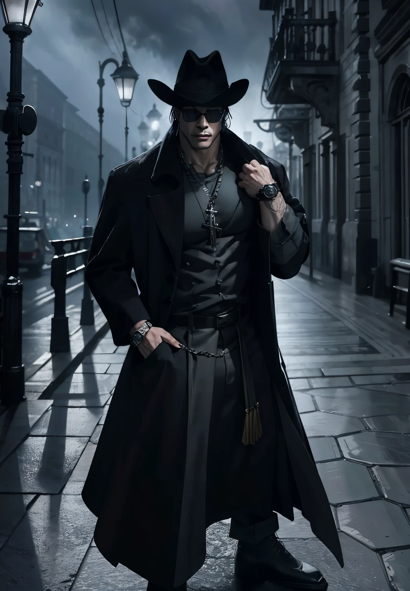 Vampiro_caballero, solo, retrato,, (majestuoso, impresionante, Exquisito:1.3),toji fushiguro,demon hunter, equipped with two pistols, with a large hat that partially covers his face, a masculine and battle-hardened man, wearing a long black trench coat, symbols of protection all over his body, purple glasses, hanging on his neck , religious rosary, ruthless and professional, work boots and an old watch in his pocket, in the background a city with a bell tower where the bells ring, dark atmosphere, 3d illustration, high quality, realistic and very detailed, A masterpiece, representation physically based, holding the gun with both hands, aiming at you