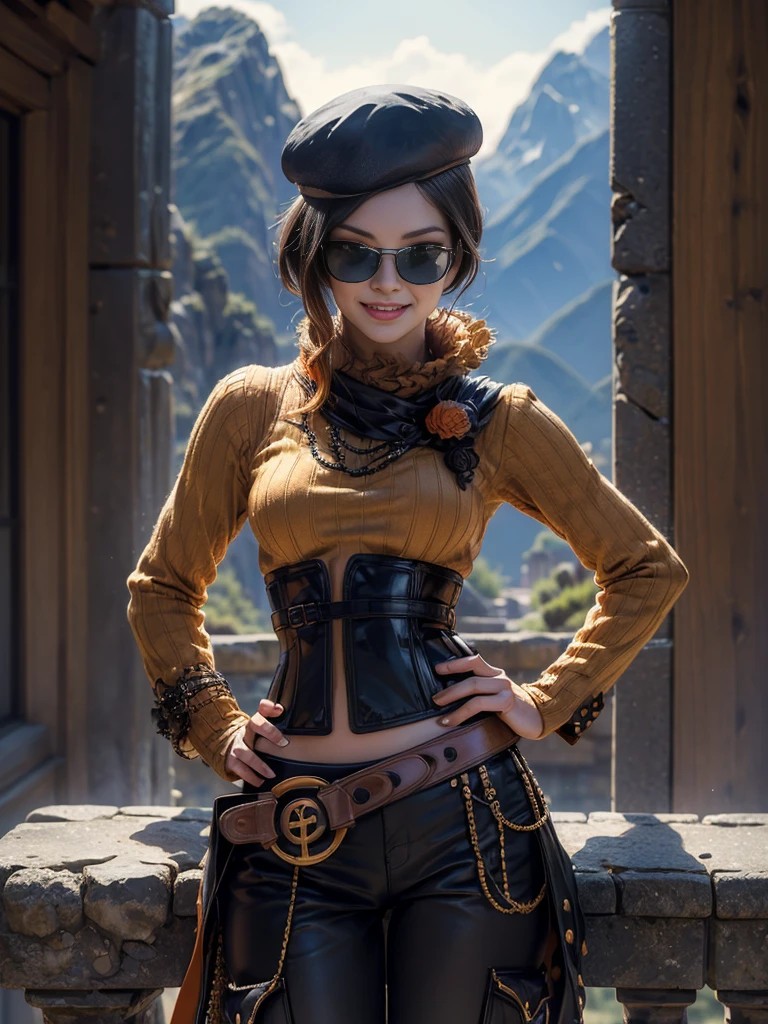 (masterpiece,stunning girlfriend, (standing:1.1), dynamic pose, heart shaped face,elegant face, beautiful face, highly detailed face, highly detailed skin, skin pores, subsurface scattering, realistic pupils, loving smile, looking at viewer, full lips, detailed background, depth of field, atmospheric perspective, volumetric lighting, sharp focus, absurdres, realistic proportions, good anatomy, (realistic, hyperrealistic:1.4), 16k hdr, (masterpiece, best quality:1.2), cowboy shot, solo, 1girl, coco adel, grin, looking at viewer, hand on hip, beret, sunglasses, orange sweater, corset, black gloves, pants, jewelry, belt, bandolier, standing outdoors, Machu Picchu, peru,