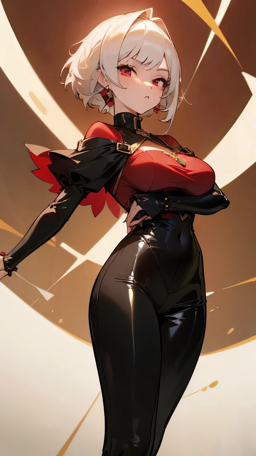 (short hair, silver hair:1.3), red eyes, pale skin, muscular female, anatomically correct, mature female, curvy, huge breasts,  leg up, 1girl, solo, katana, breasts, high_heels, bodysuit,arms_up, covered_navel, full_body, skin_tight, standing, jewelry, rating:safe, anime coloring, anime screencap, hair ornament, (shaded face:1.2), hollow eyes, red eyes, smirk, upper teeth, lips, 