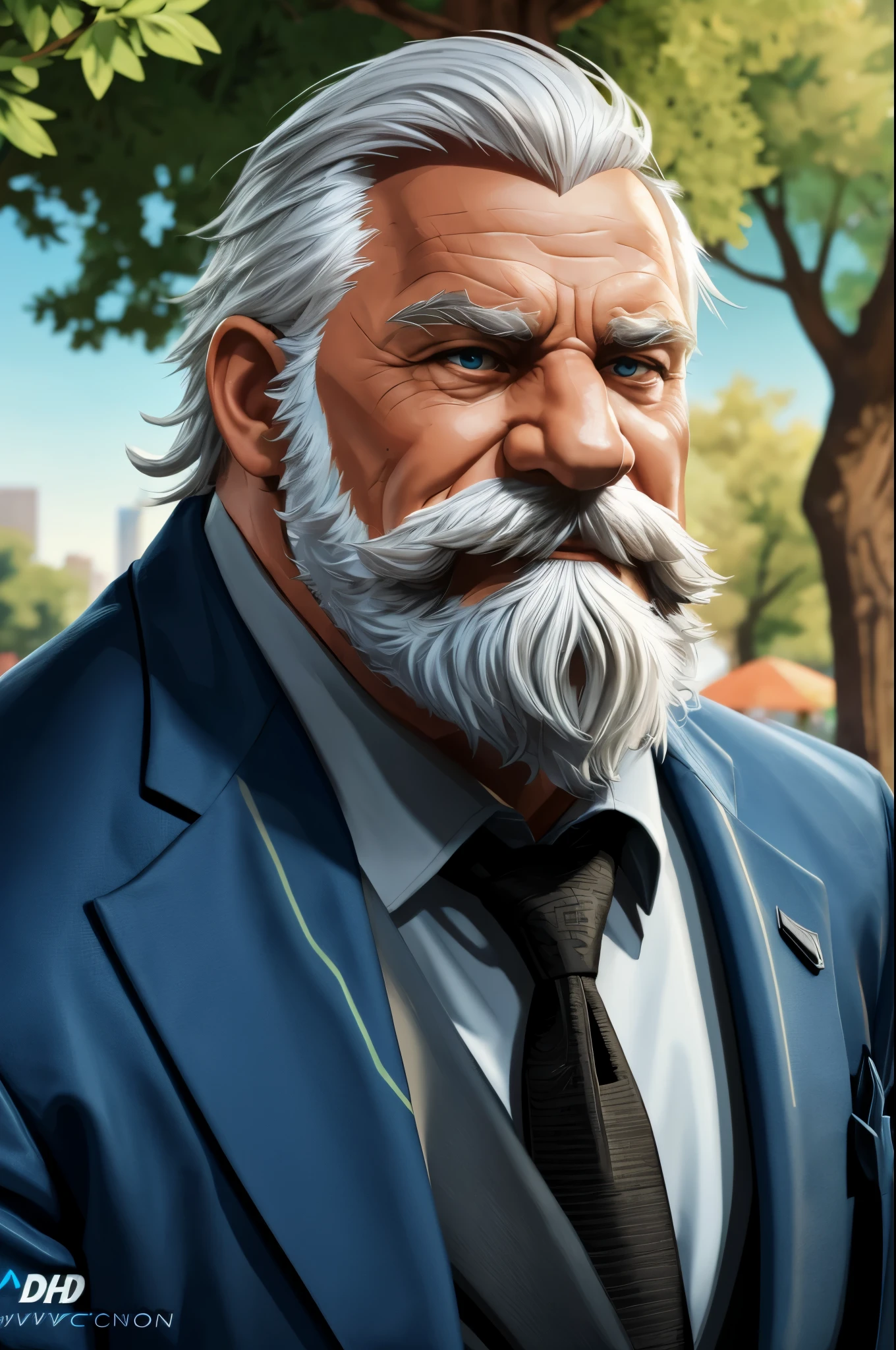 (vector:2.0, mwvector), masterpiece, high quality, 8k, FHD, HDR, portrait, muscular old man in park, beard, happy, summer, suits, , detailed vector, high detail, half body, realistic, white hair