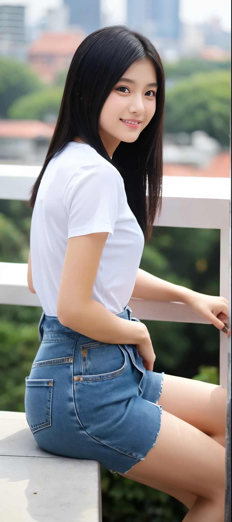 1 girl, indonesian girl, 23 years old, (black hair super-long 1 meters), (very beautiful face, very sweet, sharp eyes like an angel from heaven ), (beautiful hair), actress, smile, shiny skin, best quality, masterpiece, (photorealistic:1.4), terrace seating, asian, indonesian, jakarta, denim long skirt (realistic fabric), white short sleeves (cotton fabric), (no logo), thin fingers