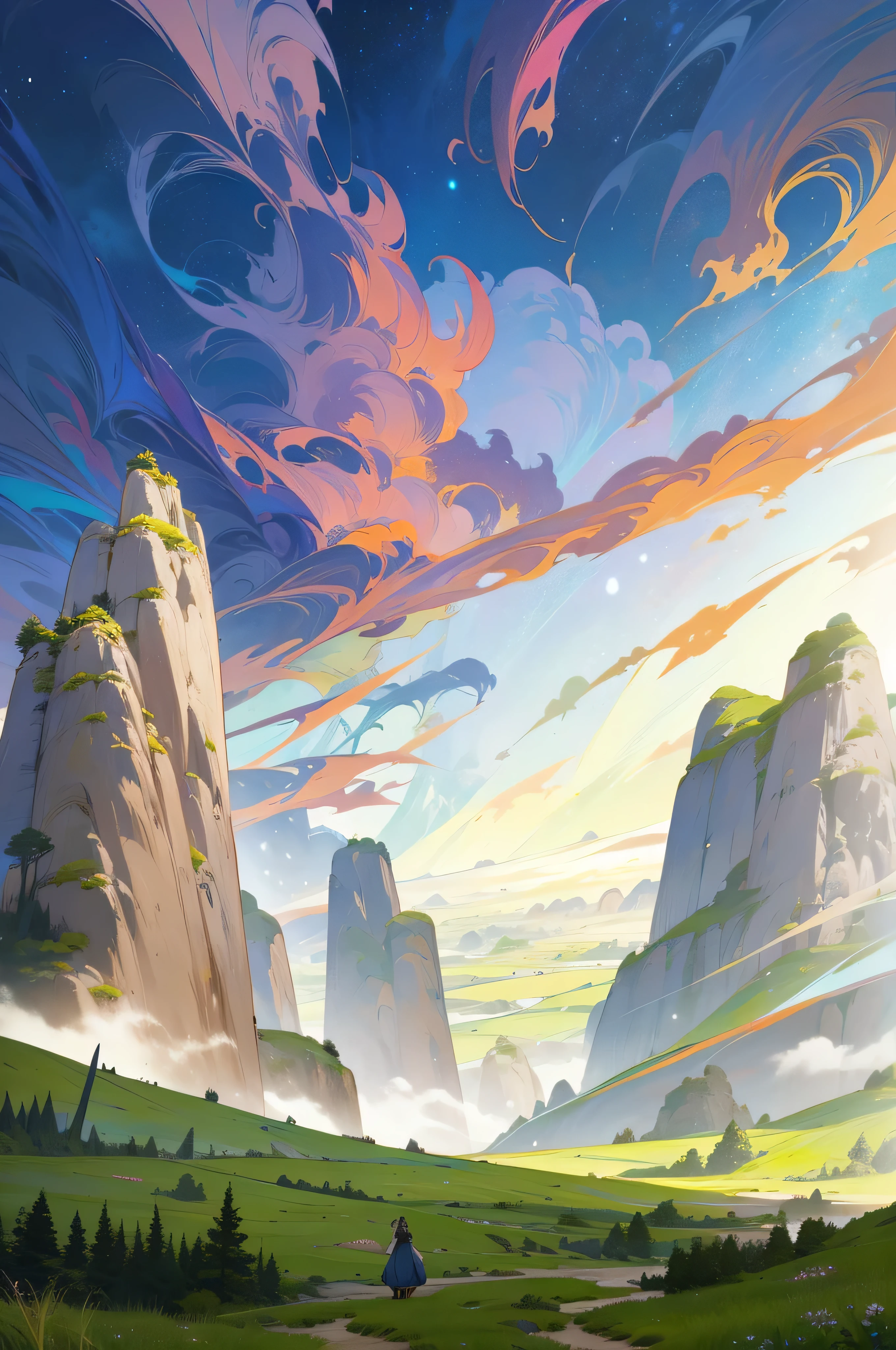 painting of a mountain landscape with a river and a valley, an epic landscape, anime landscape, anime landscape wallpaper, concept art. epic landscape, most epic landscape, concept art | rhads, concept art wallpaper 4k, background art, epic landscape, fantasy landscape painting, wlop and rhads, rhads and lois van baarle, colorful concept art