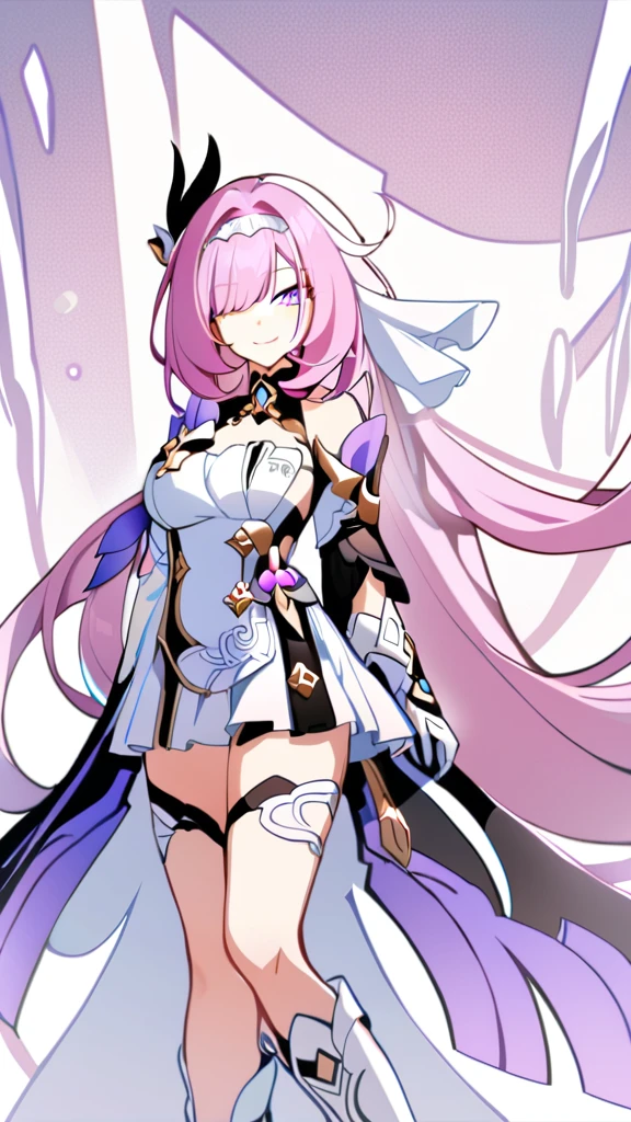 1 girl, Elysia \(Honkai Impact\), alone, closed one eye, white gloves, gloves, dress, looking at the viewer, smile, white dress, closed mouth, bare shoulders, chest, pupil in the shape of a symbol, simple background, very long hair，White knee-high boots，