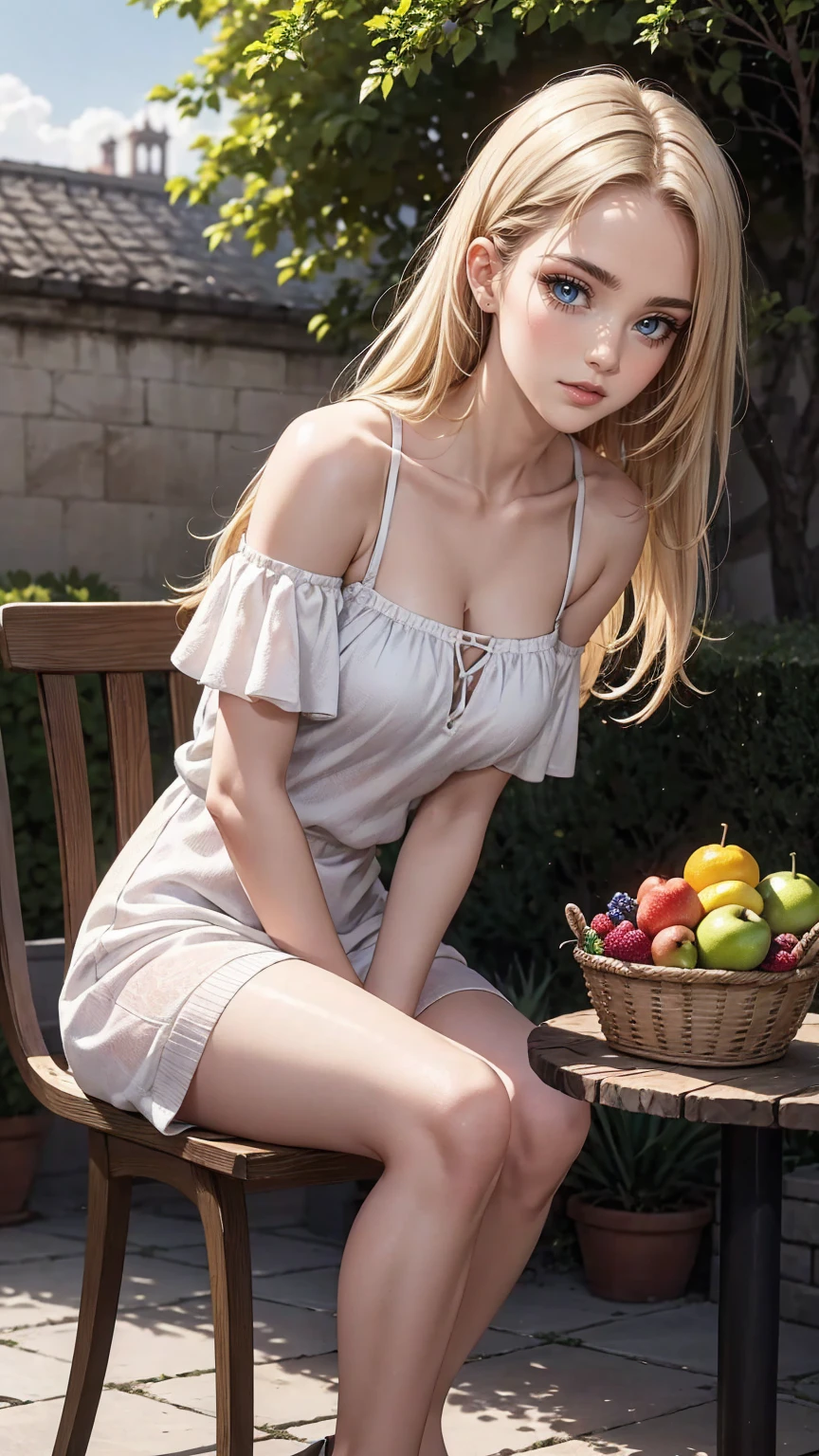 ((最high quality, 8K, masterpiece: 1.3, Ultra HD, high quality, 最high quality, High resolution, realism)) 、(high color saturation:1.0), (highly detailed skin), (最high quality:1.0), (超High resolution:1.0) ,(realistic:1.0), (Super detailed:1.0), (8K, Raw photo:1.1), slender、Slender, muscular body that's toned like an athlete's、I don't want my head to disappear from the screen.、Accessorize your wrist、Wearing red nail polish、I have a peticure、25 year old white woman、platinum blonde、blue eyes、long hair、hair above one eye、smile、Gothic historical building、Sit on a chair on the terrace in the courtyard、The table is decorated with a basket of fruit and cups of drinks.、Wear an off-shoulder bodycon dress、Wear high heelansion garden、Blooming profusely、The ground in the courtyard is grass、Surrounded by a hedge、Blue sky beautiful、It's early summer、The wind is pleasant