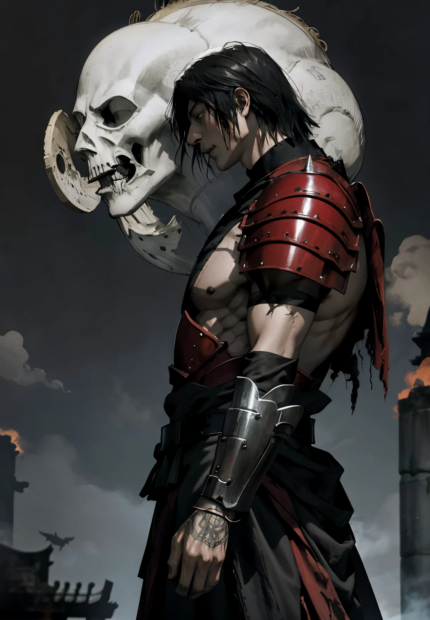 Scarface，20-year-old youth，Shirtless，Two swords on his back，Scarred，His face was tired but he had a sneer，There are tiger teeth，The environment is bloody，There are a lot of skeletons --auto
